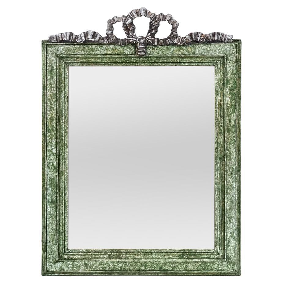 Antique miroir français vert patiné Node en bois argenté, style Louis XVI