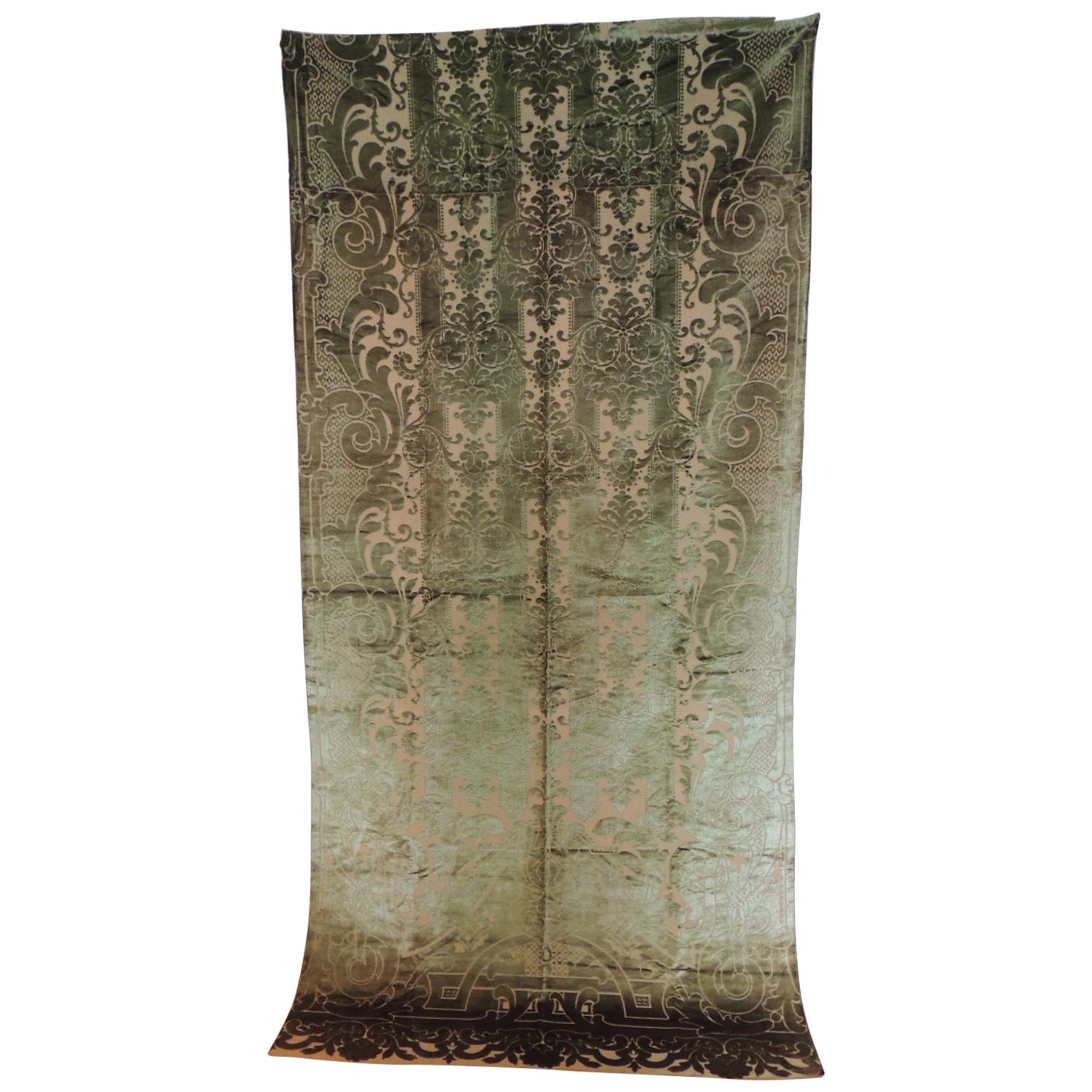 Antique French Green Silk Velvet Gaufrage Drapery Panel