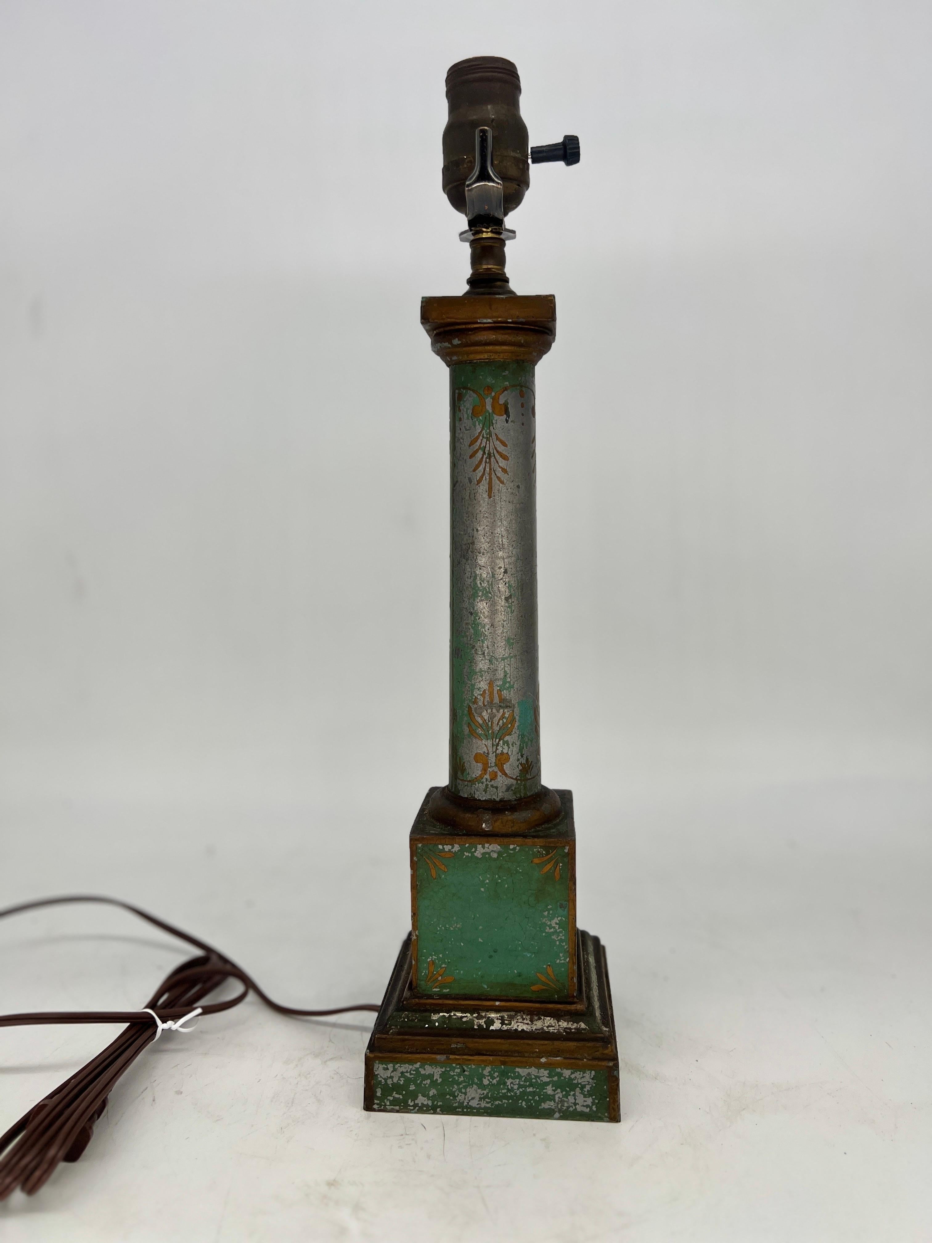 20th Century Antique French Green / Silver Neoclassical Tole Painted Table Lamp For Sale
