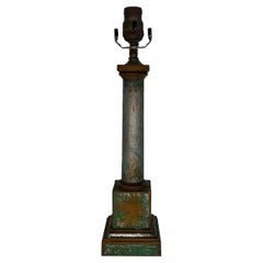 Antique French Green / Silver Neoclassical Tole Painted Table Lamp
