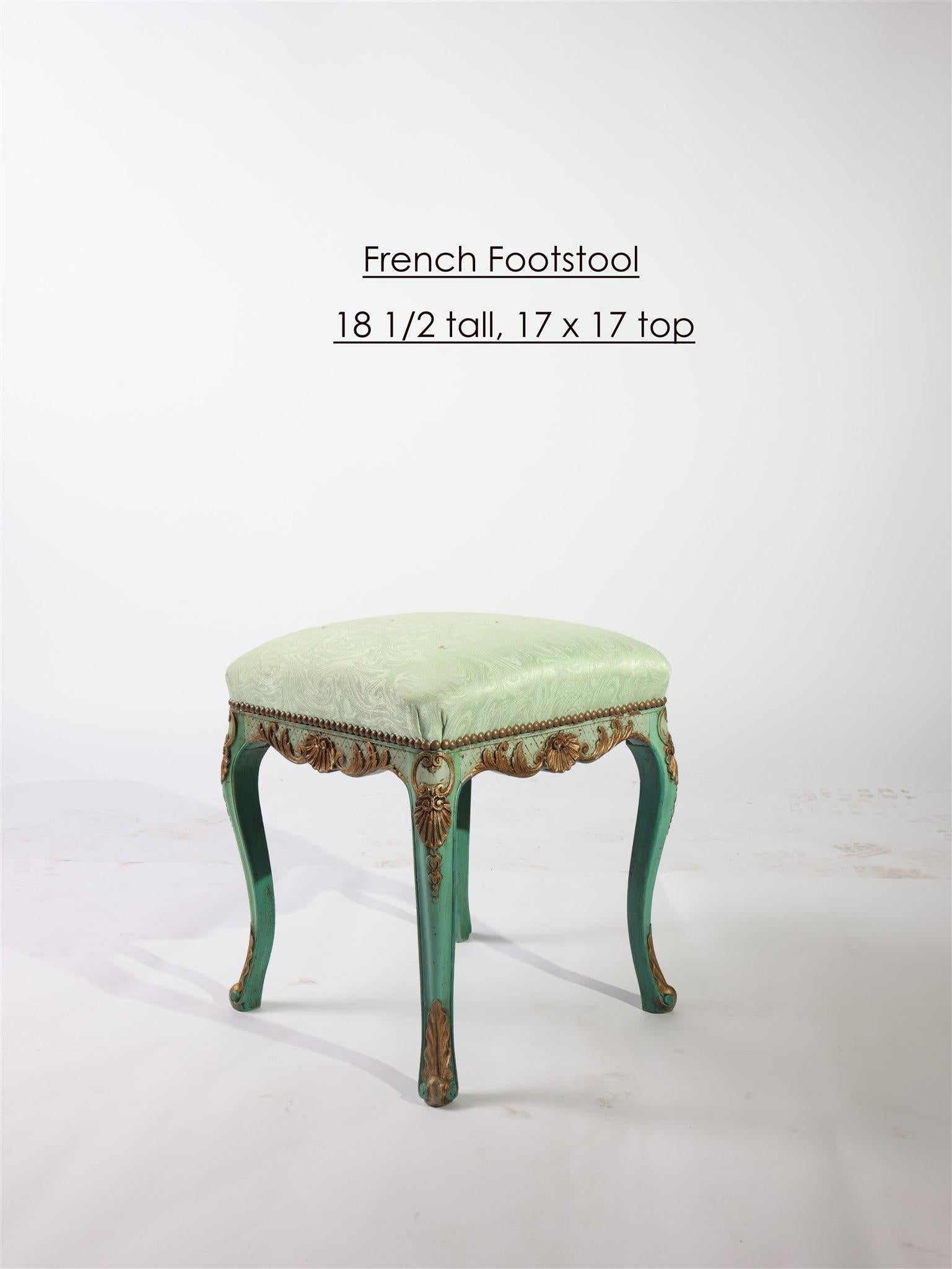 French Provincial Antique French Green Stool Upholstered in Silk Damask For Sale