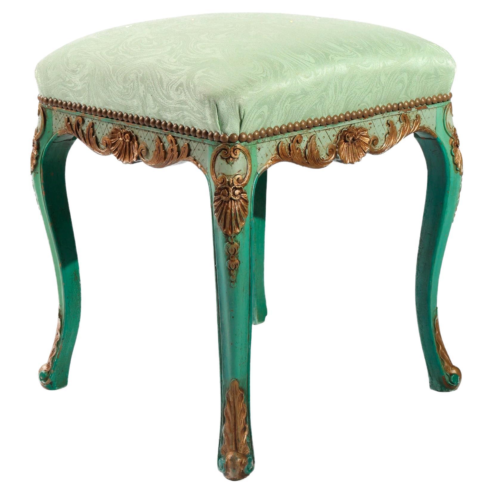 Antique French Green Stool Upholstered in Silk Damask For Sale