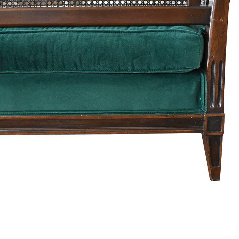 Antique French Green Velvet Wood Sofa with Cane Detail In Good Condition In Oklahoma City, OK