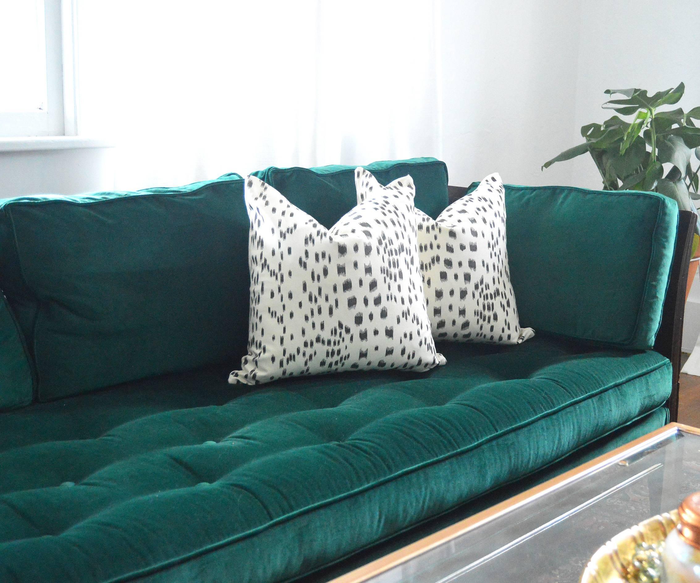 Antique French Green Velvet Wood Sofa with Cane Detail 1