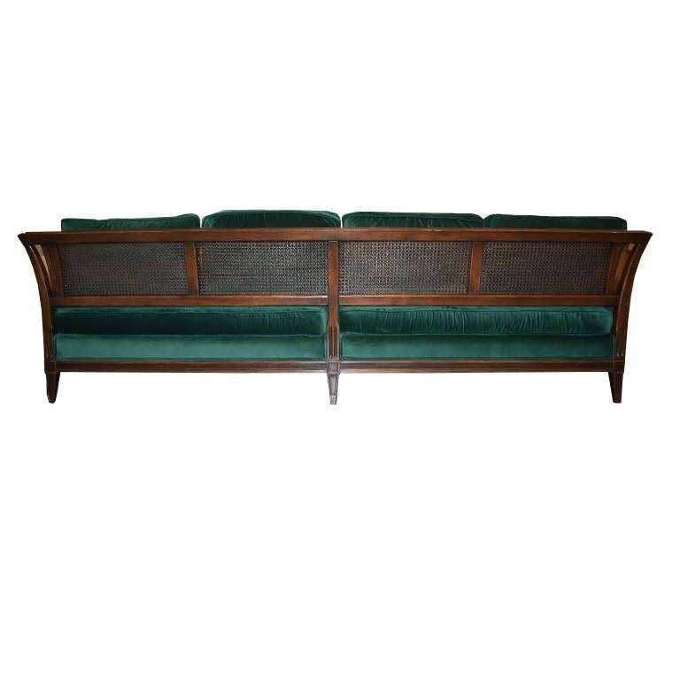 Antique French Green Velvet Wood Sofa with Cane Detail 2
