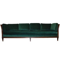Antique French Green Velvet Wood Sofa with Cane Detail