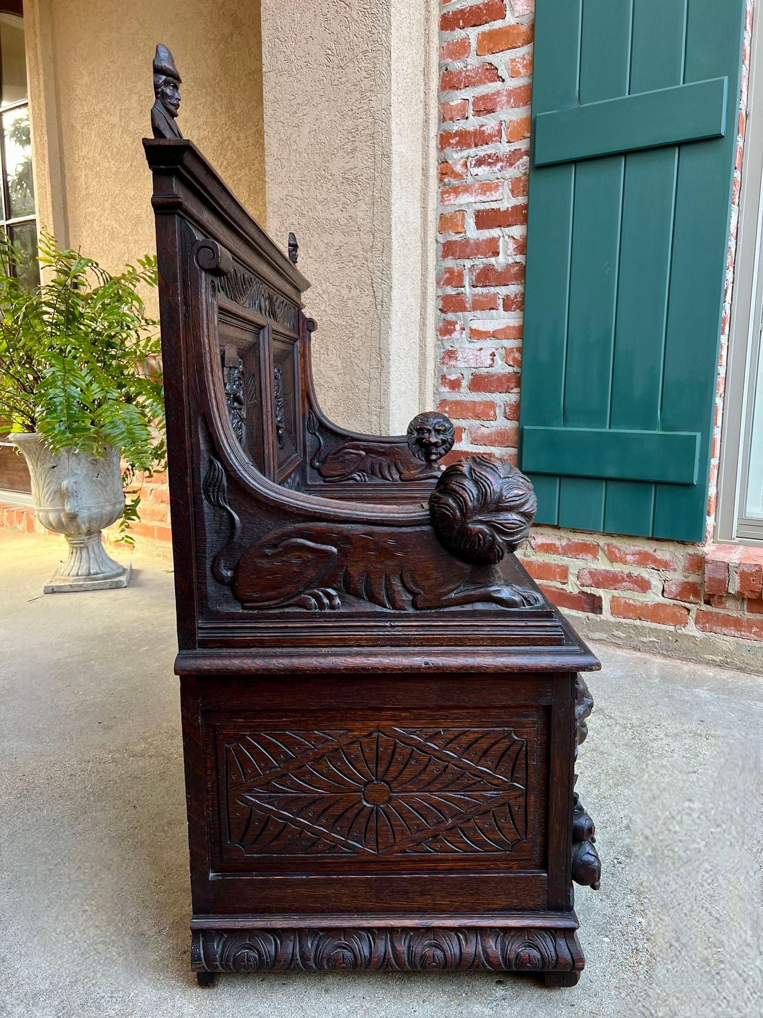 Antique French Hall Bench Breton Brittany Small Settee Carved Oak Lion Pew For Sale 4