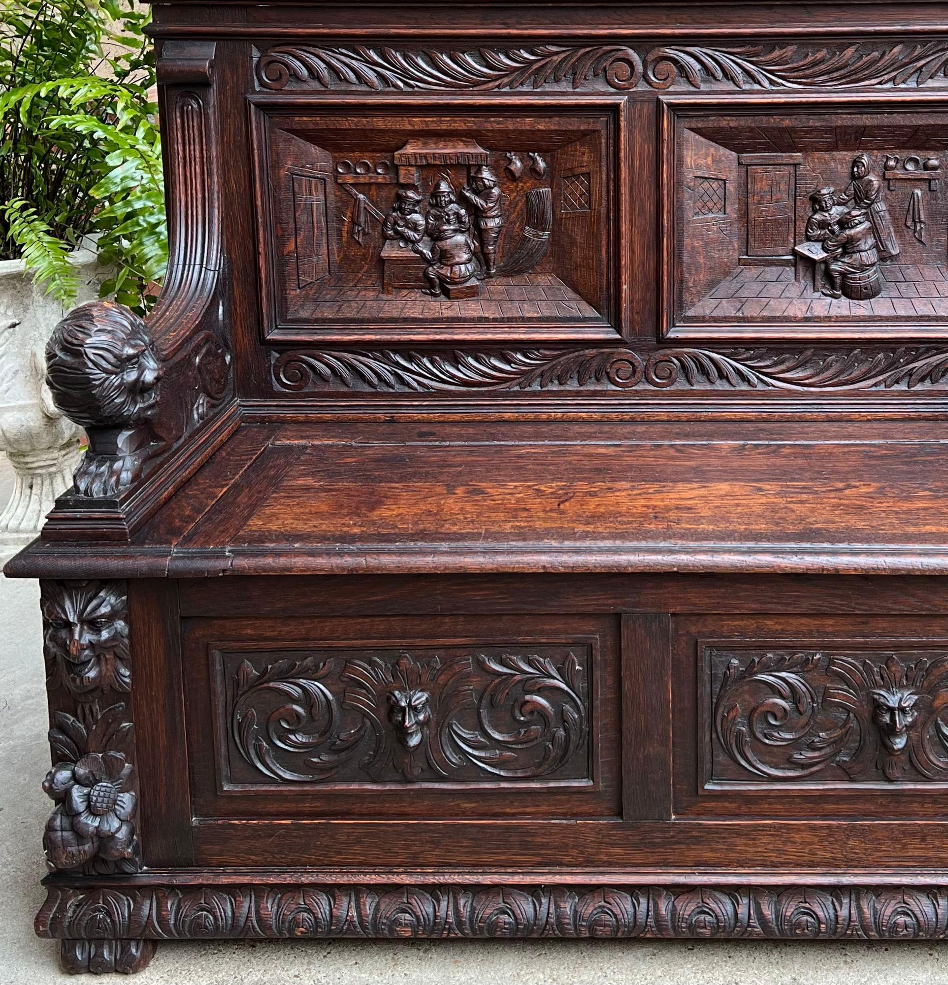 Antique French Hall Bench Breton Brittany Small Settee Carved Oak Lion Pew For Sale 8