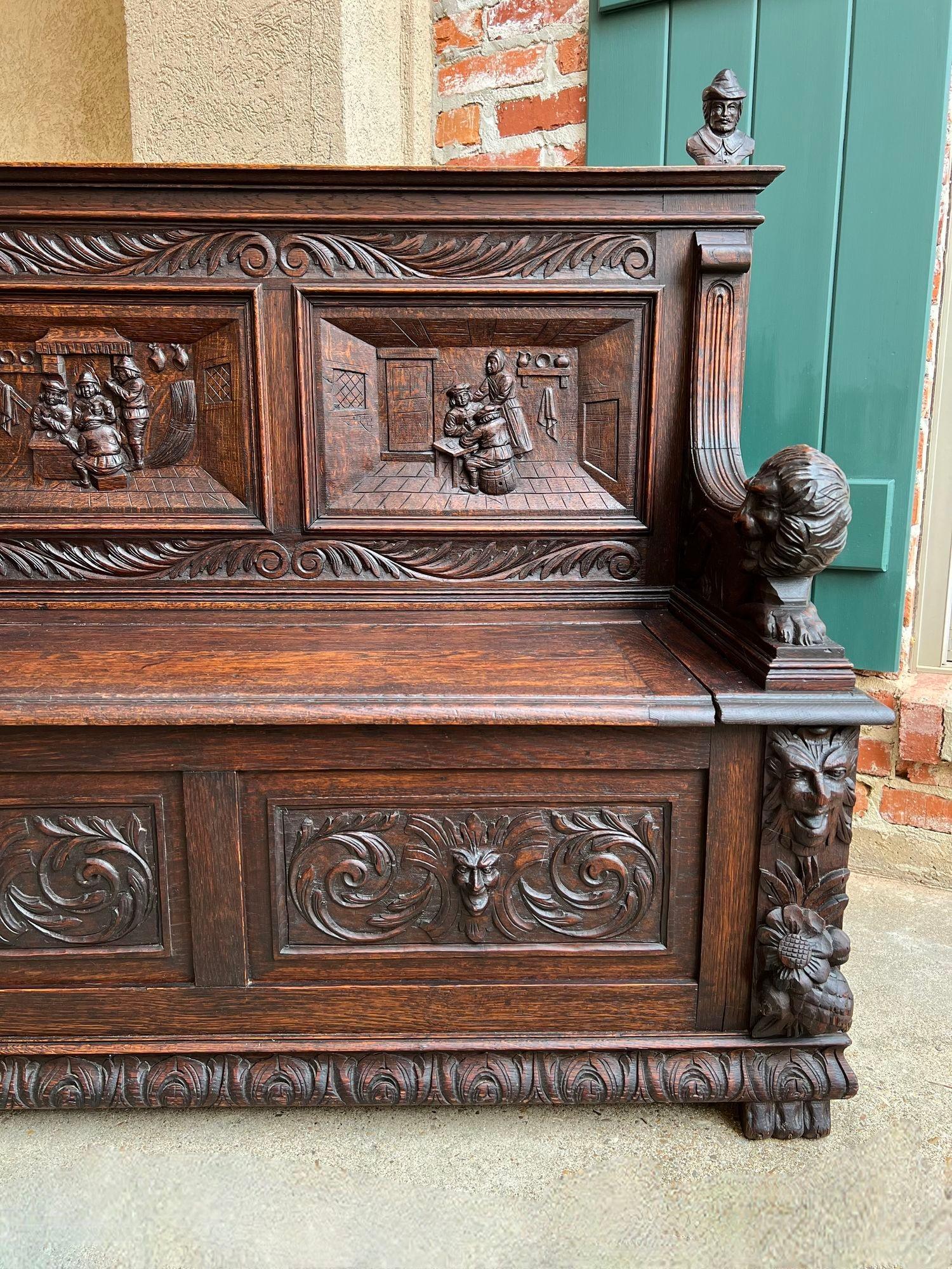 Antique French Hall Bench Breton Brittany Small Settee Carved Oak Lion Pew For Sale 9