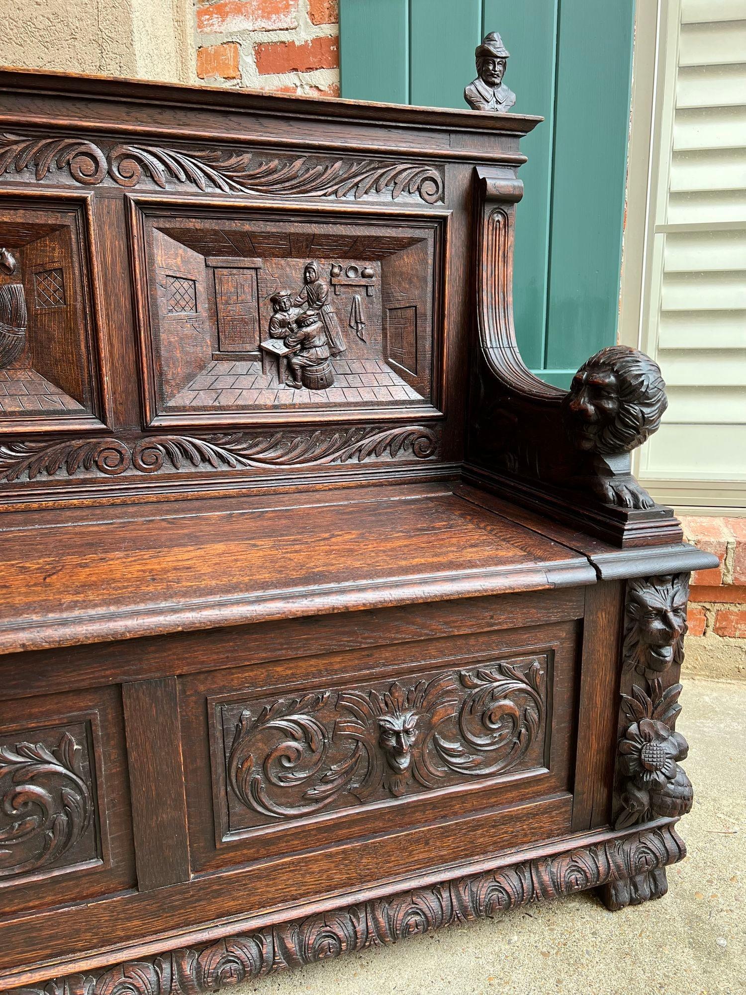Antique French Hall Bench Breton Brittany Small Settee Carved Oak Lion Pew For Sale 10