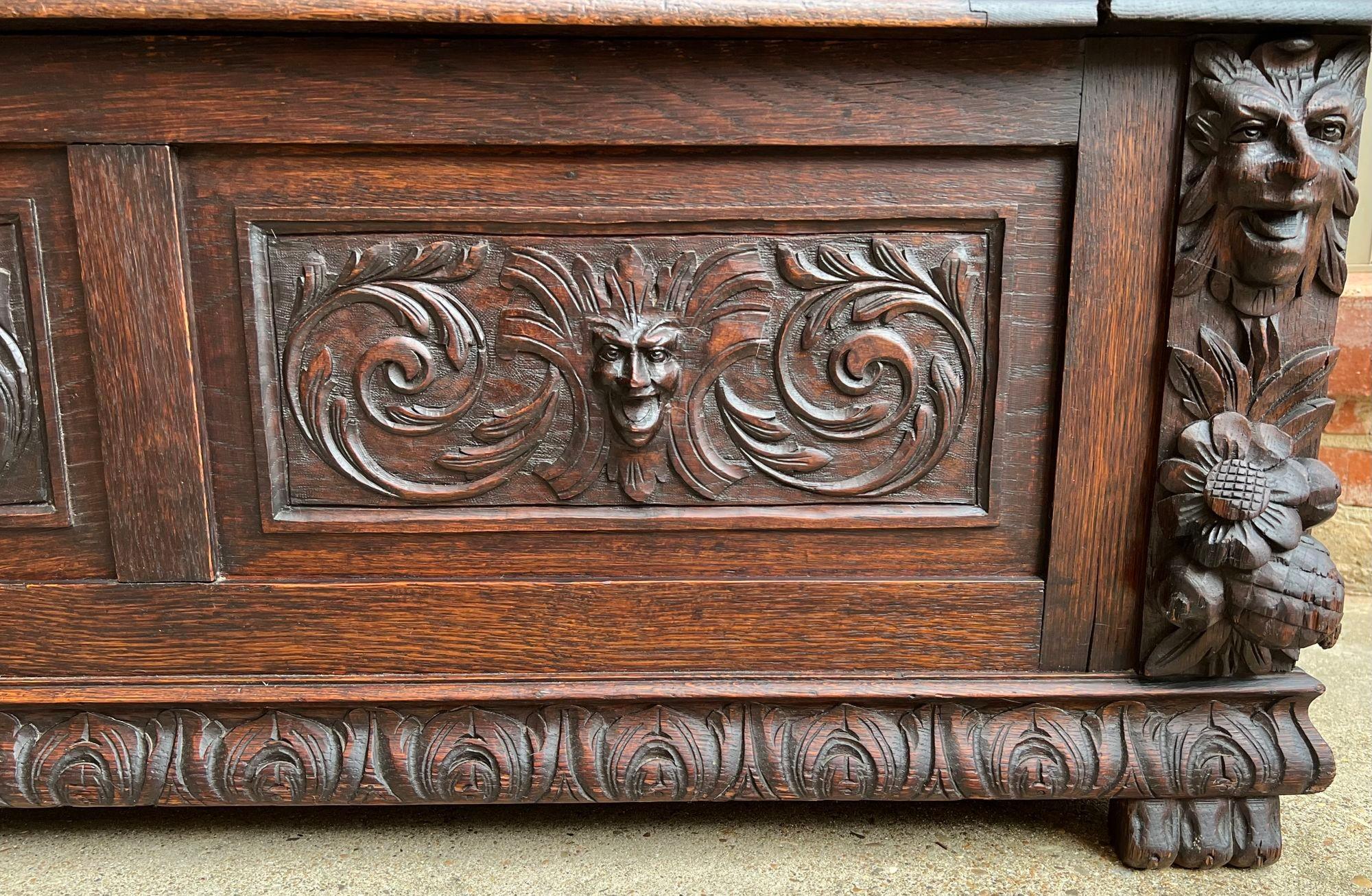 Antique French Hall Bench Breton Brittany Small Settee Carved Oak Lion Pew For Sale 11