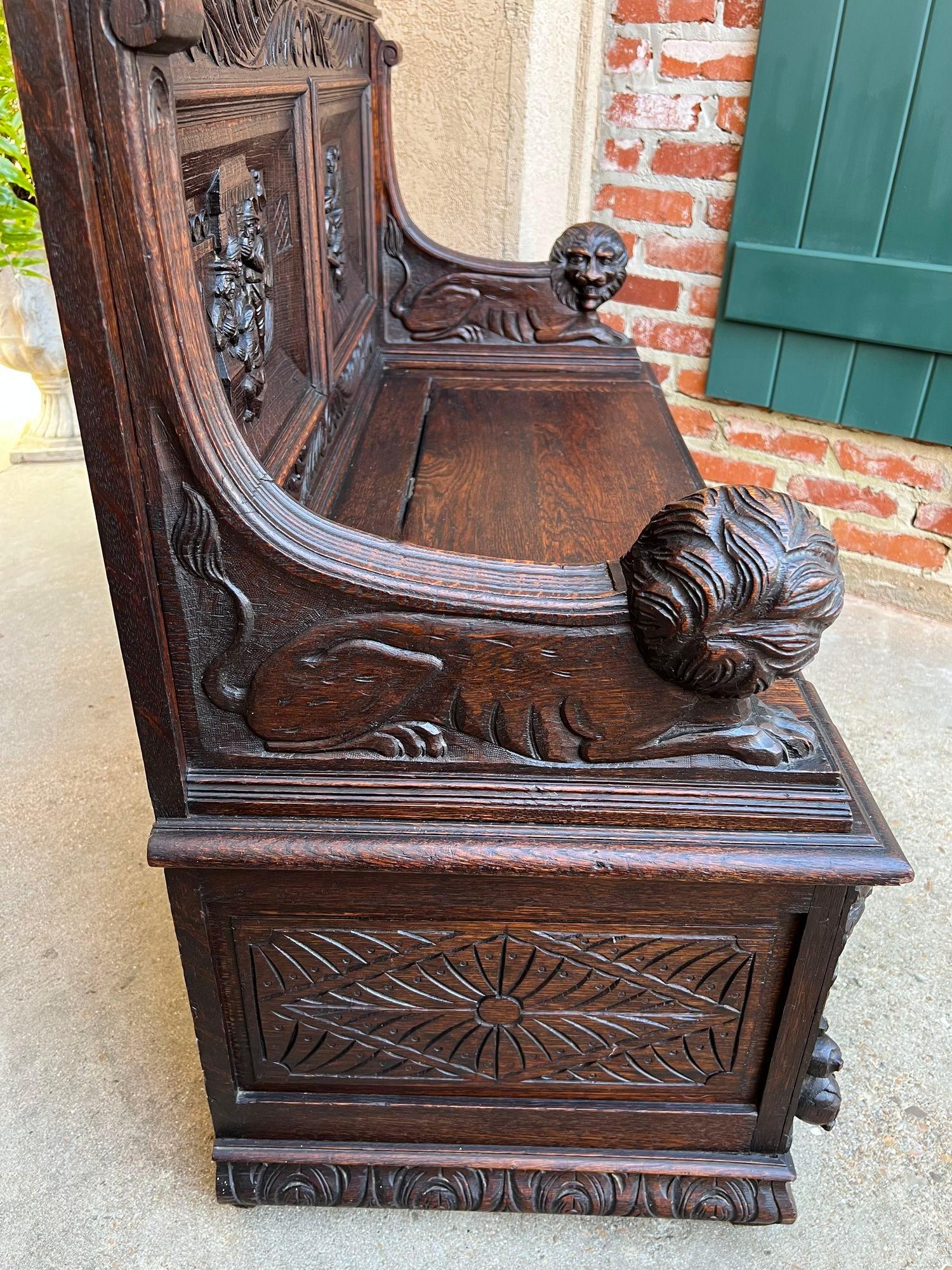 Antique French Hall Bench Breton Brittany Small Settee Carved Oak Lion Pew For Sale 12