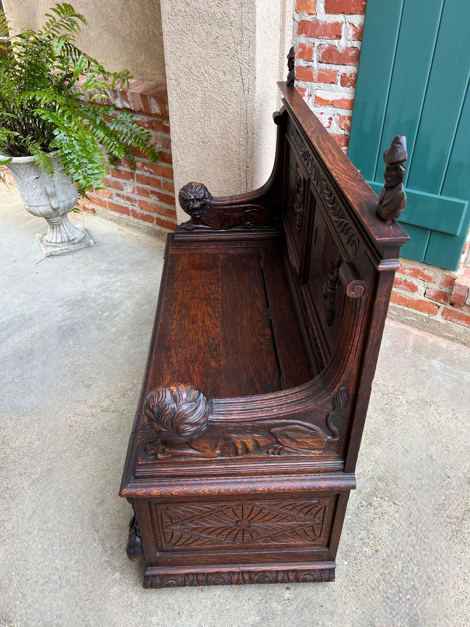 Antique French Hall Bench Breton Brittany Small Settee Carved Oak Lion Pew For Sale 13