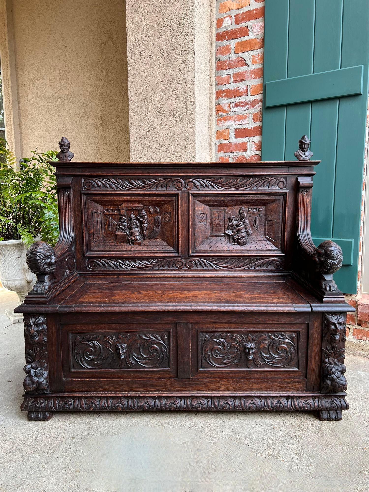 Antique French Hall Bench Breton Brittany Small Settee Carved Oak Lion Pew.

Direct from France, a wonderful antique French hall bench, with a charming combination of French style and versatile SMALL size. The back center features two different