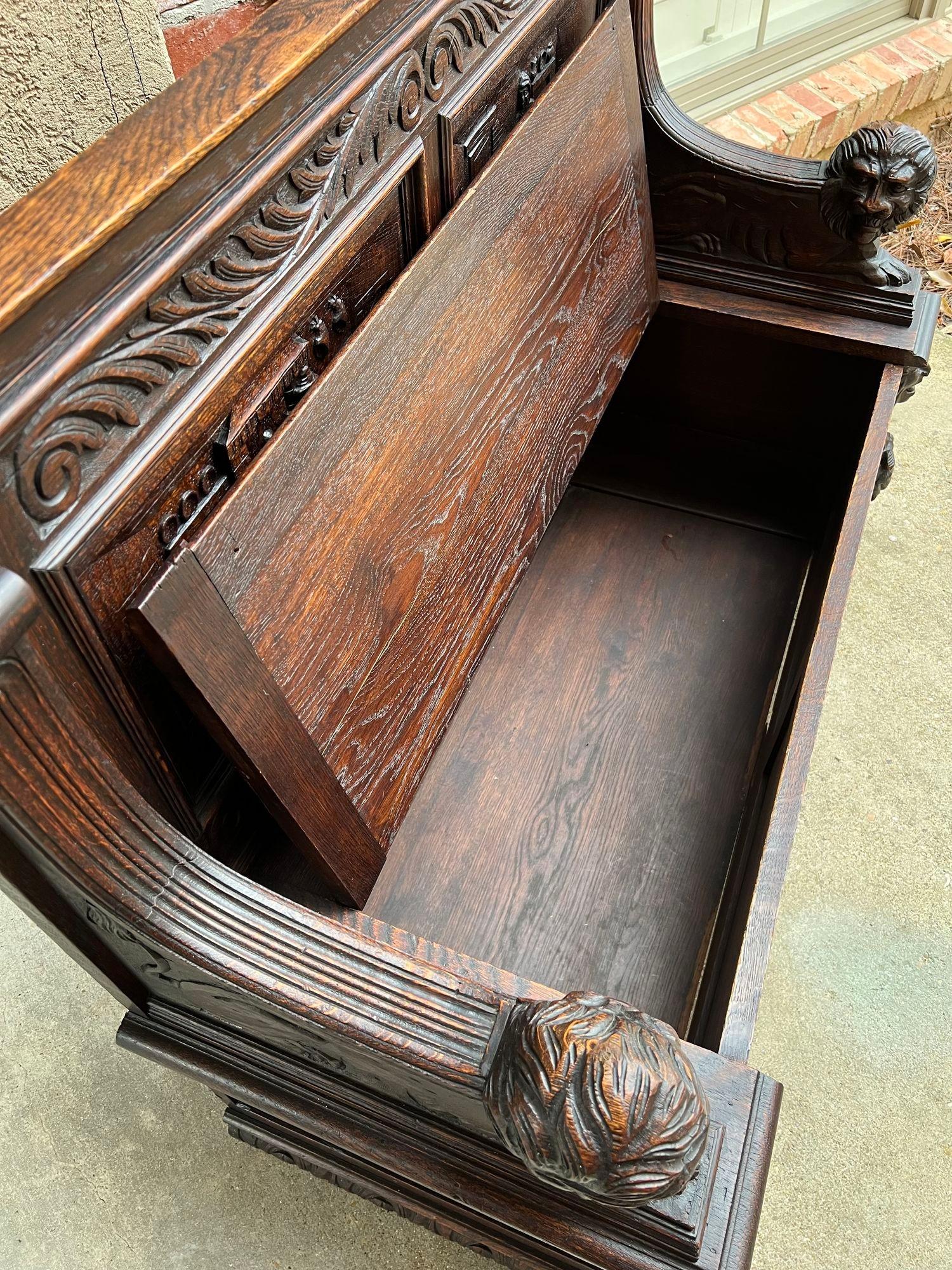 Antique French Hall Bench Breton Brittany Small Settee Carved Oak Lion Pew For Sale 14