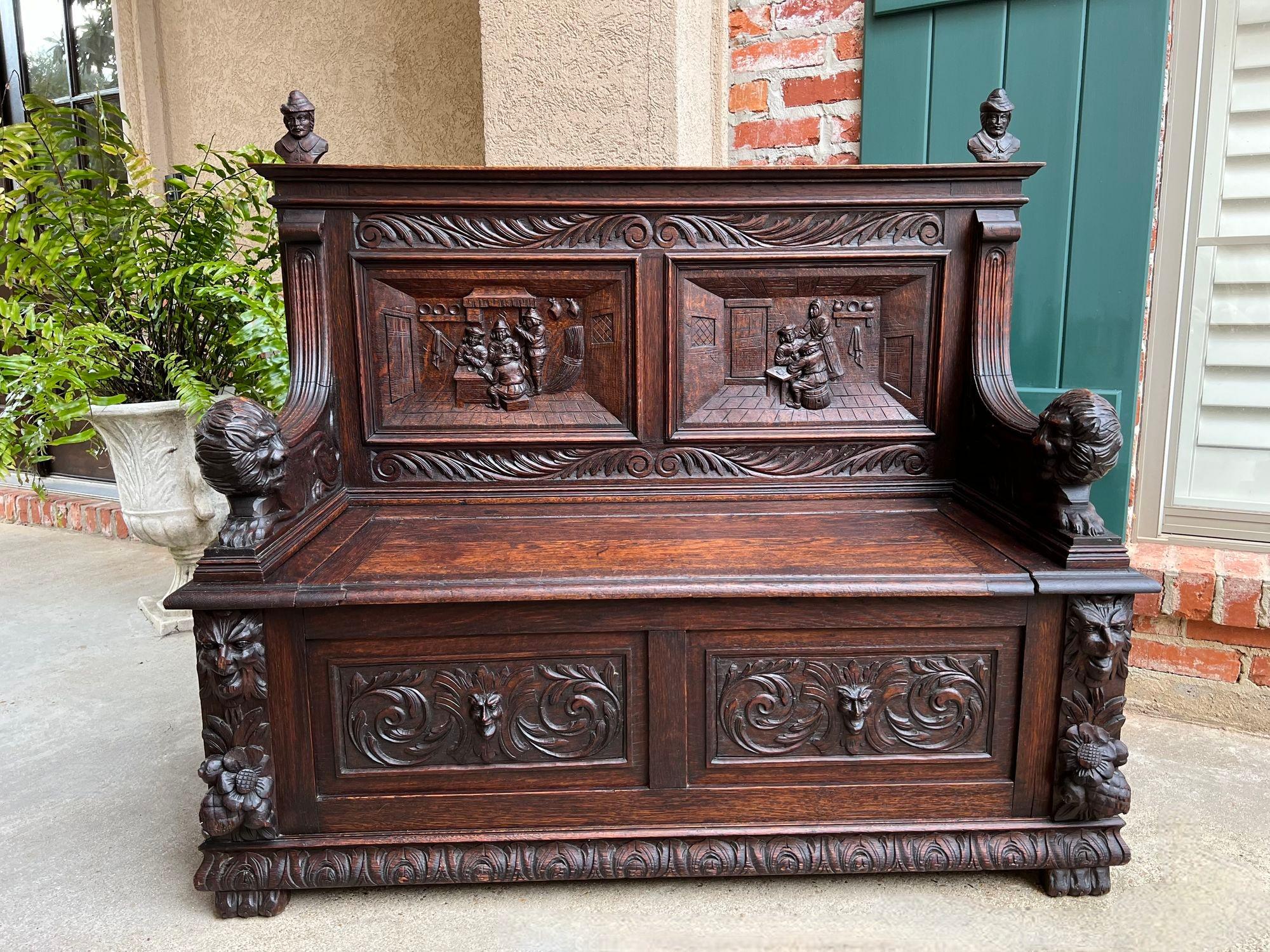 French Provincial Antique French Hall Bench Breton Brittany Small Settee Carved Oak Lion Pew For Sale