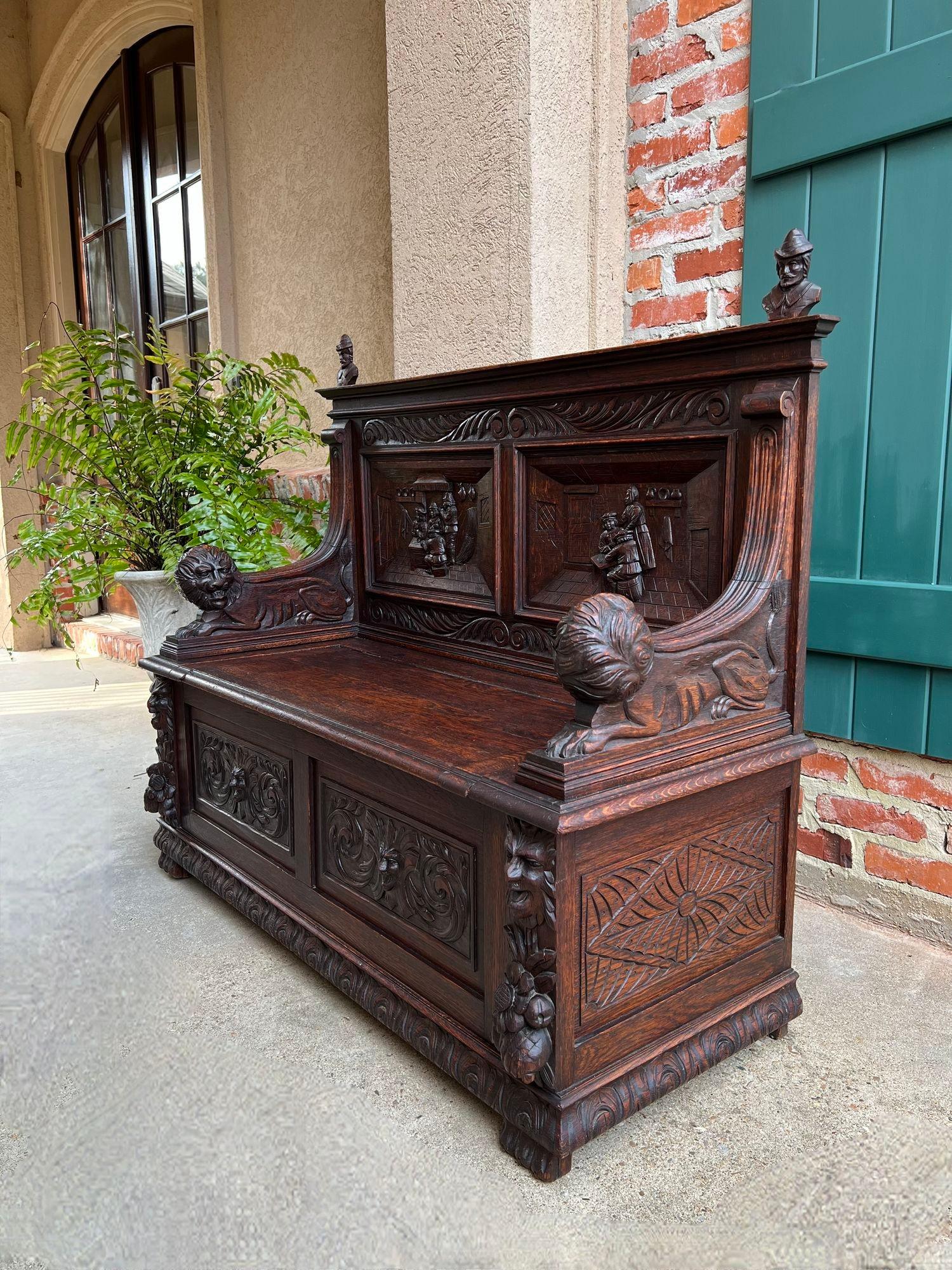 Hand-Carved Antique French Hall Bench Breton Brittany Small Settee Carved Oak Lion Pew For Sale