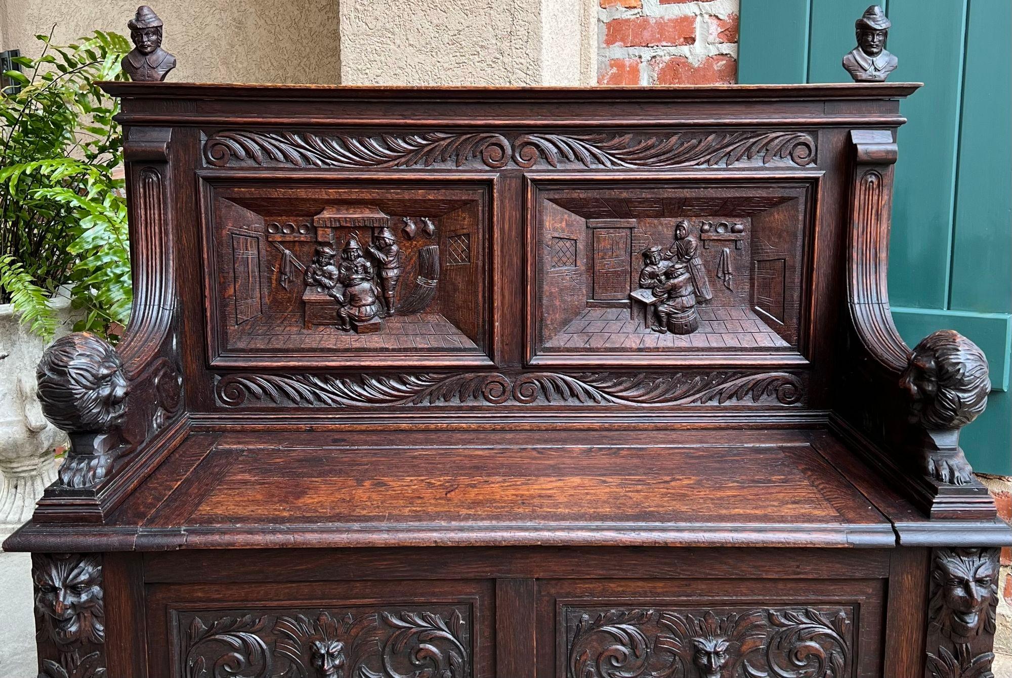 Antique French Hall Bench Breton Brittany Small Settee Carved Oak Lion Pew In Good Condition For Sale In Shreveport, LA