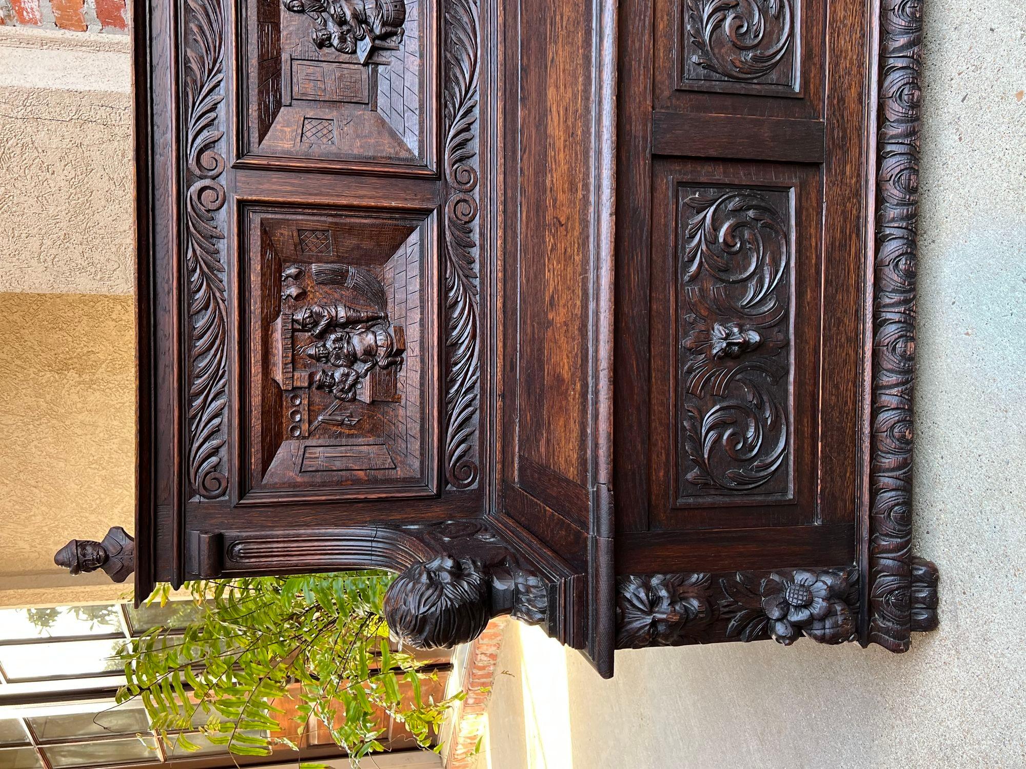Late 19th Century Antique French Hall Bench Breton Brittany Small Settee Carved Oak Lion Pew For Sale