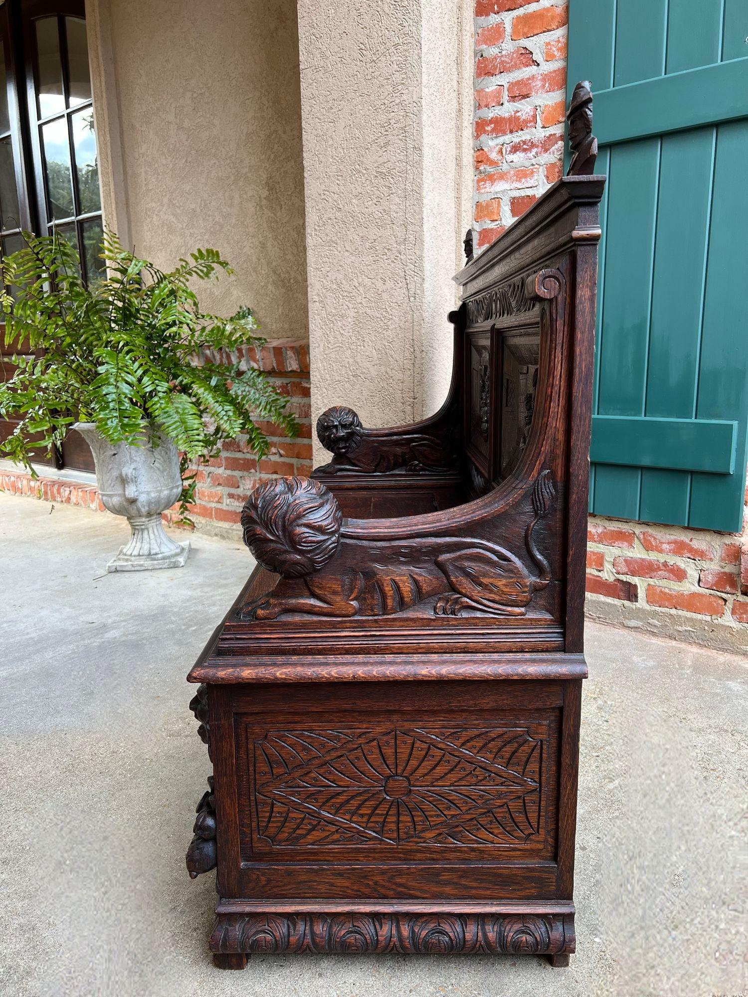 Antique French Hall Bench Breton Brittany Small Settee Carved Oak Lion Pew For Sale 1