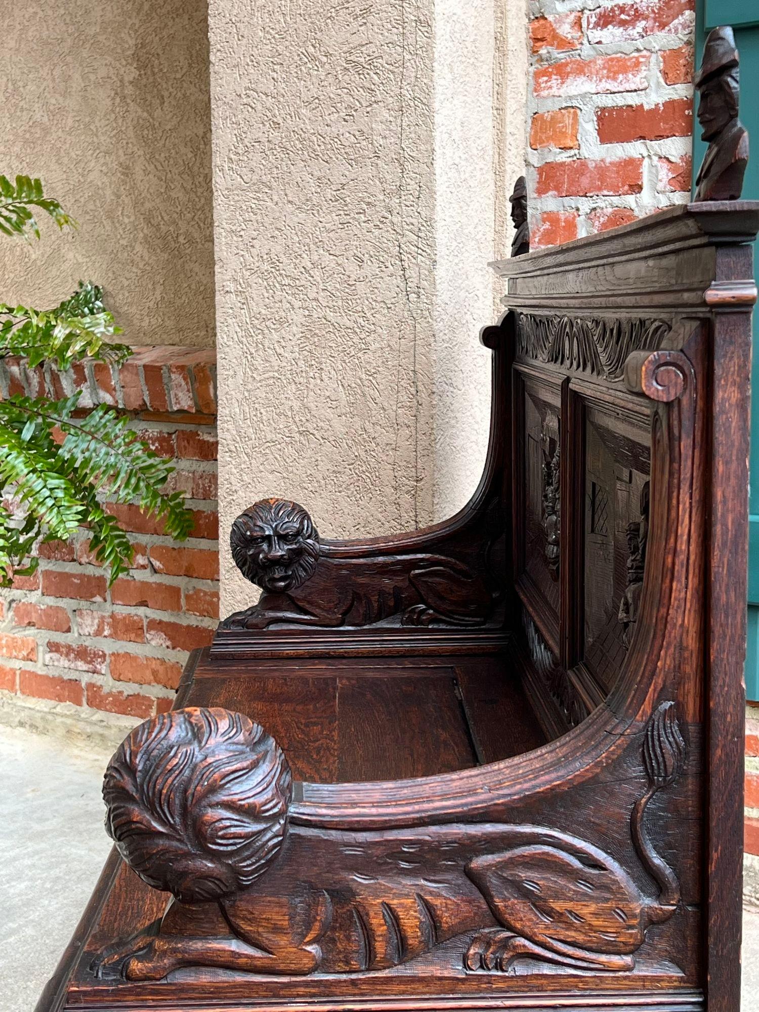 Antique French Hall Bench Breton Brittany Small Settee Carved Oak Lion Pew For Sale 2