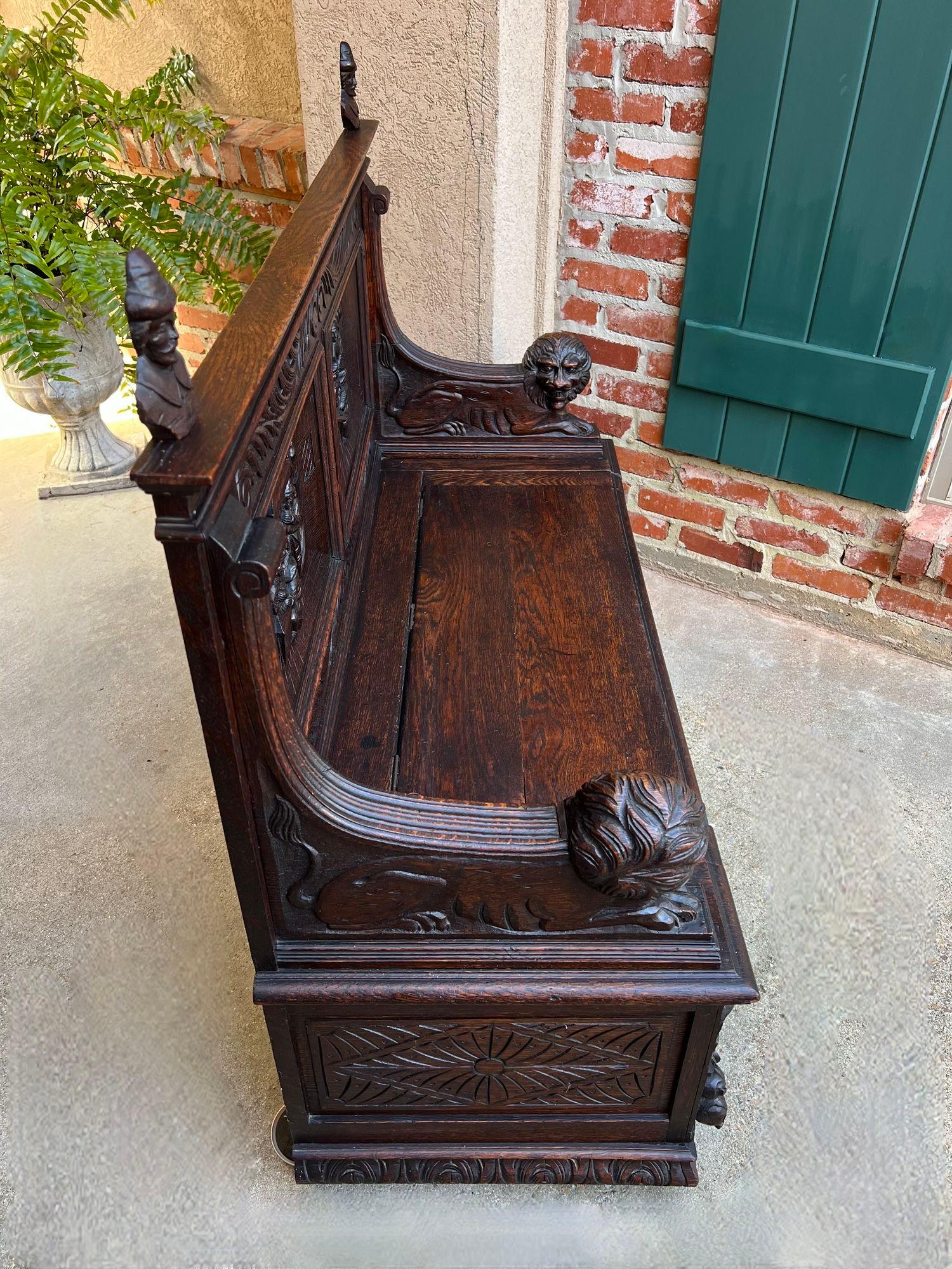 Antique French Hall Bench Breton Brittany Small Settee Carved Oak Lion Pew For Sale 3