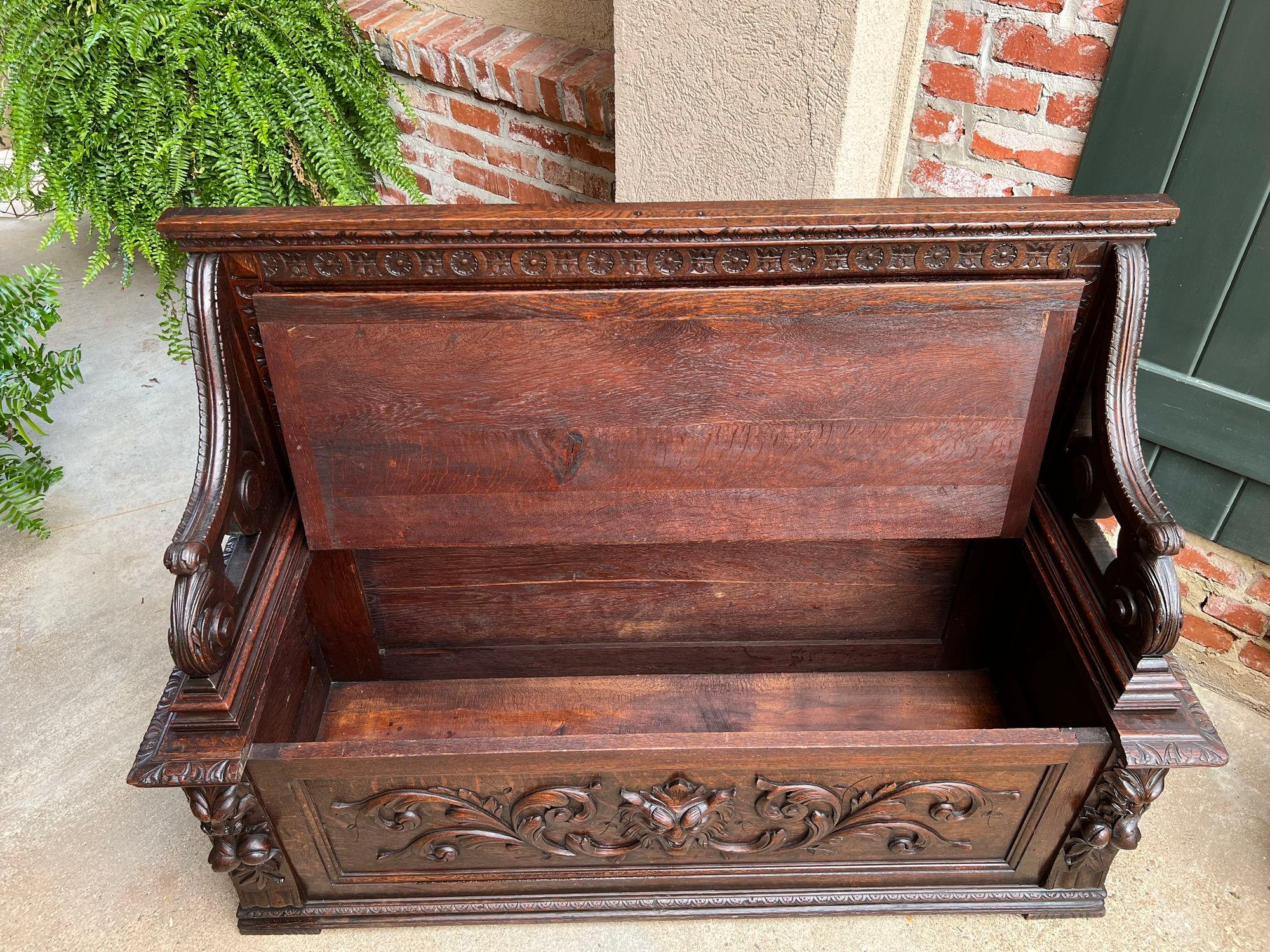 Antique French Hall Bench Chair Settee Renaissance Revival Carved Oak 19th C For Sale 6