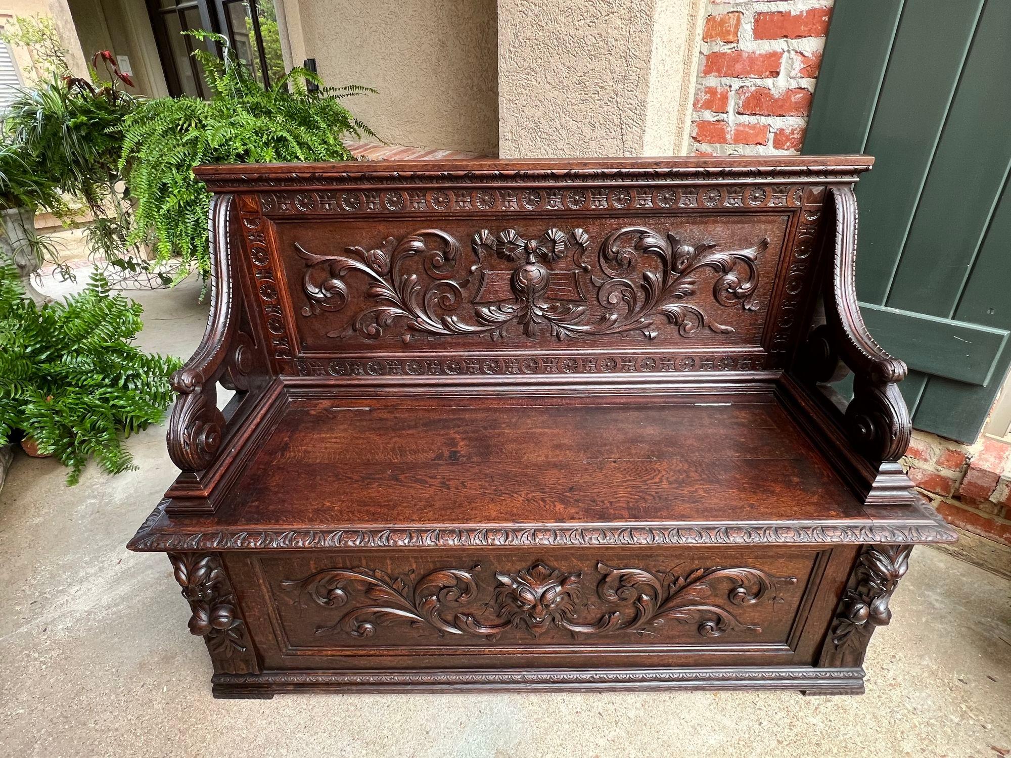 Antique French Hall Bench Chair Settee Renaissance Revival Carved Oak 19th C For Sale 3