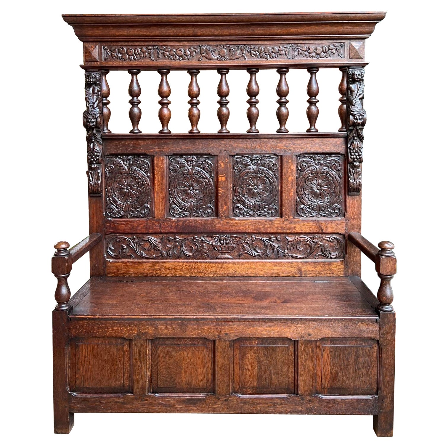 Antiquité French Hall Bench Settle Renaissance Sculptée Oak Cherub Black Forest 1880