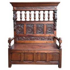 Antiquité French Hall Bench Settle Renaissance Sculptée Oak Cherub Black Forest 1880
