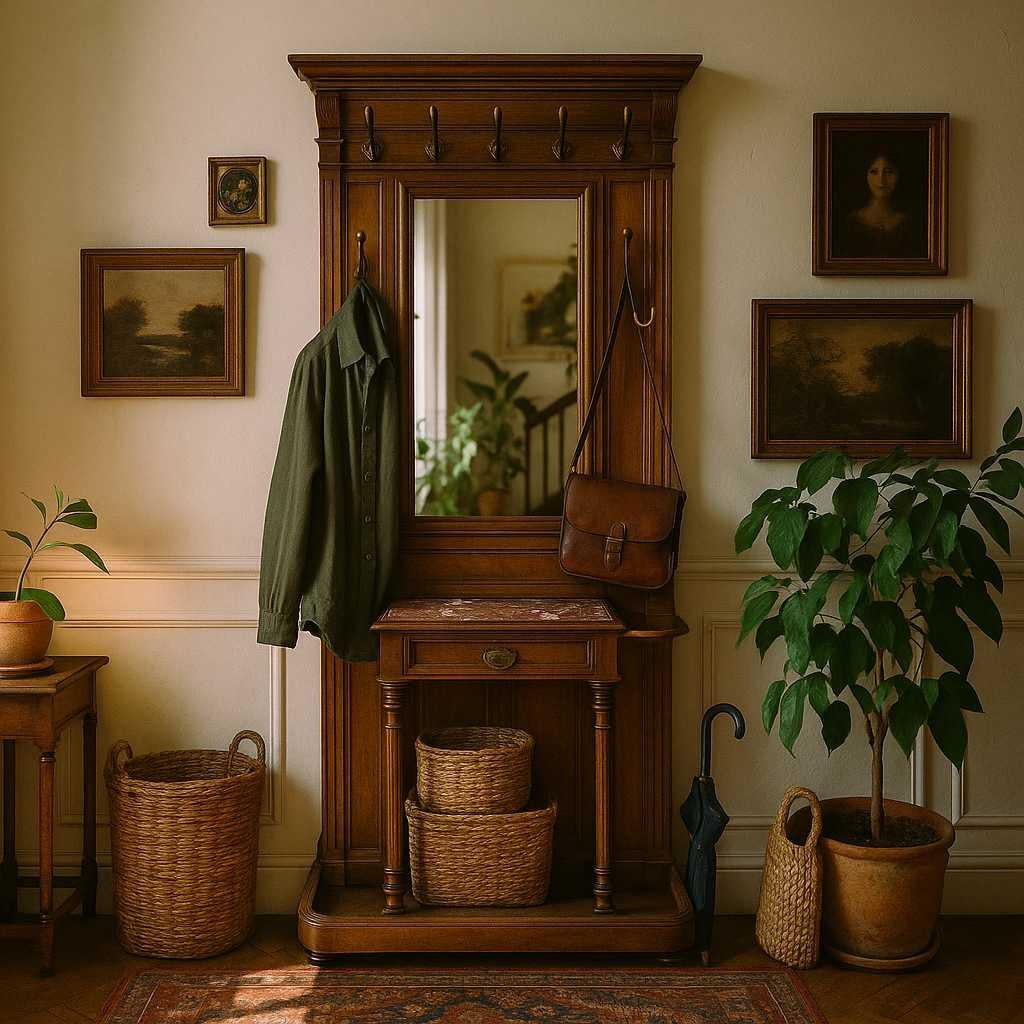 Antique French Hall Tree con specchio, appendiabiti, Vittoriano, Ottone, Marmo, Noce

Misure: 39 1/8