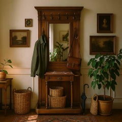 Antique French Hall Tree with Mirror, Coat Rack, Victorian, Brass, Marble
