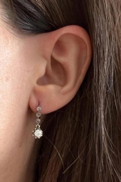 Antique French Hallmarked 18ct White Gold Diamond Drop Earrings Circa 1920