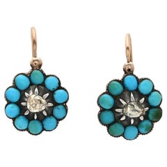 Reserved_ Antique French Halo Earrings Turquoise Diamonds 18K Gold Silver/3.21gr
