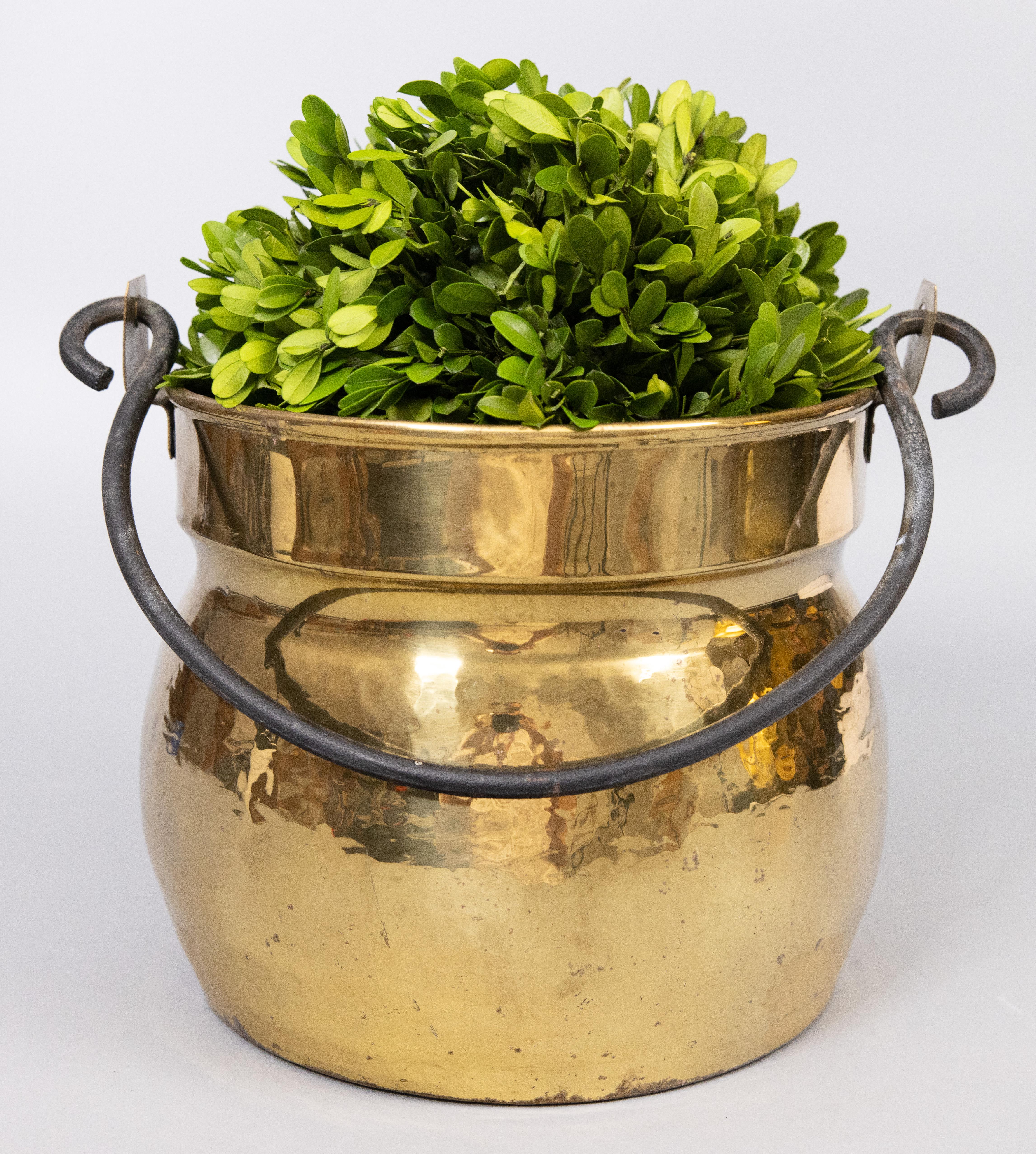 A gorgeous antique early 20th century French hammered brass pot, bucket, jardiniere, or planter with a wrought iron swing handle. This Fine jardiniere is well made and heavy with a lovely patina and would be perfect as a planter.

The diameter is