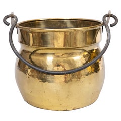 Antique French Hammered Brass Pot Jardiniere Planter with Iron Handle