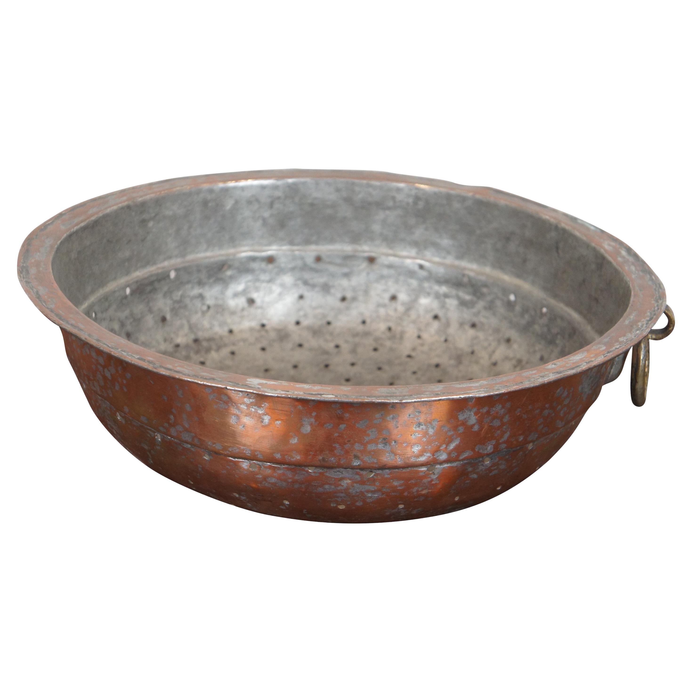 Antique French Hammered Dovetailed Copper Fruit Colander Strainer Hanging Bowl For Sale