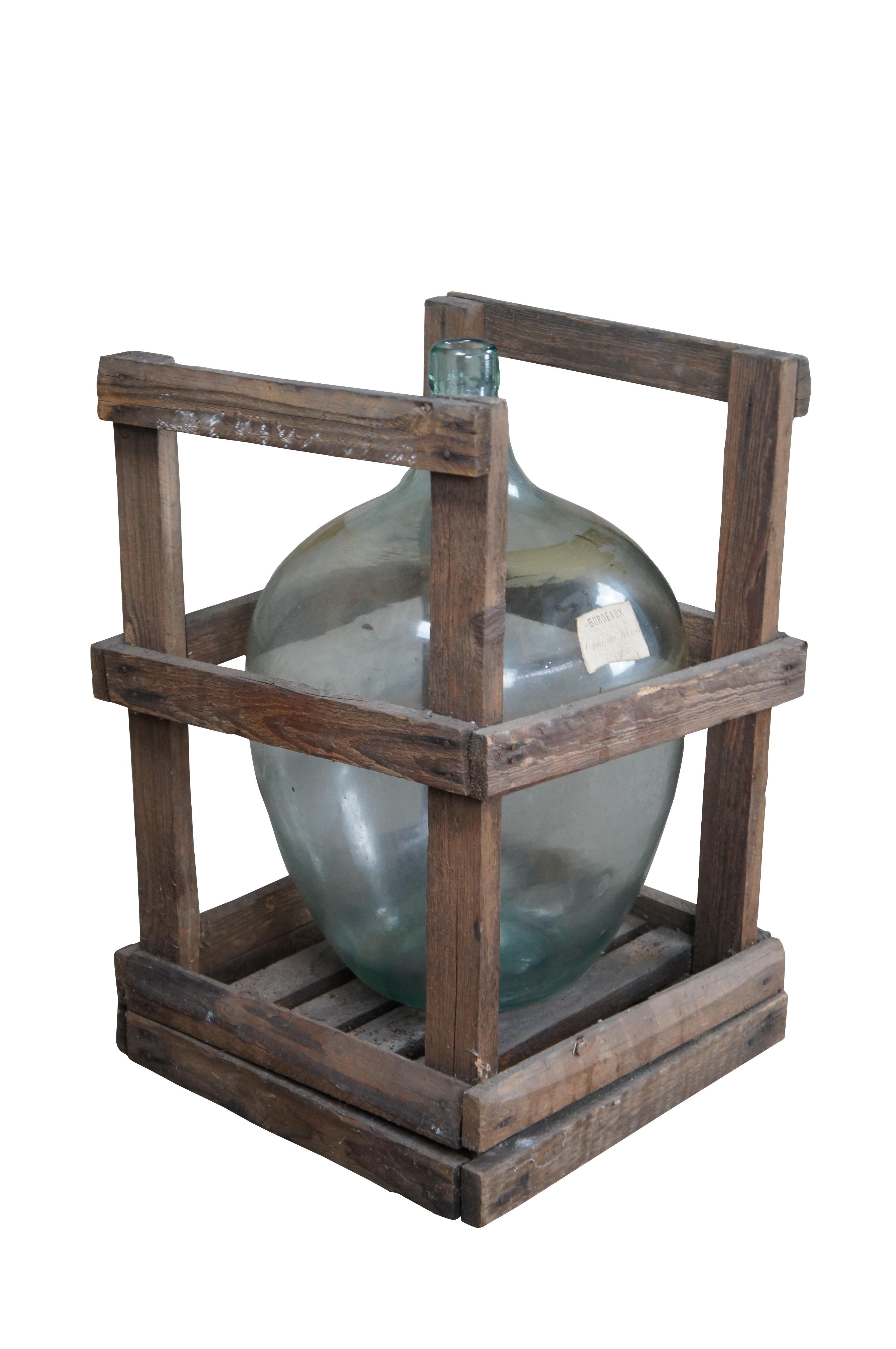 French Provincial Antique French Hand Blown Glass Demijohn Bordeaux Wine Bottle Jug & Wood Crate For Sale