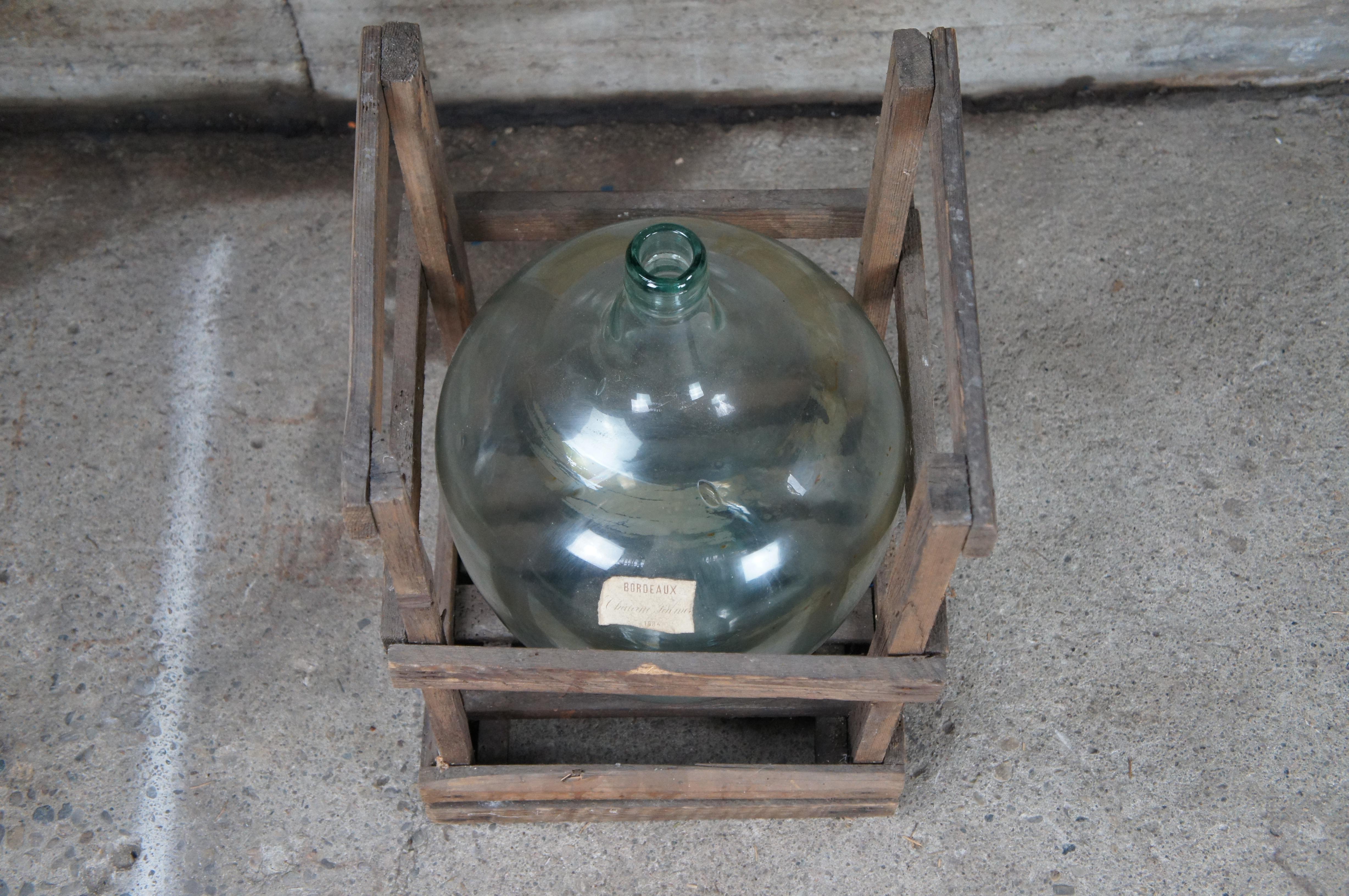Antique French Hand Blown Glass Demijohn Bordeaux Wine Bottle Jug & Wood Crate In Good Condition For Sale In Dayton, OH