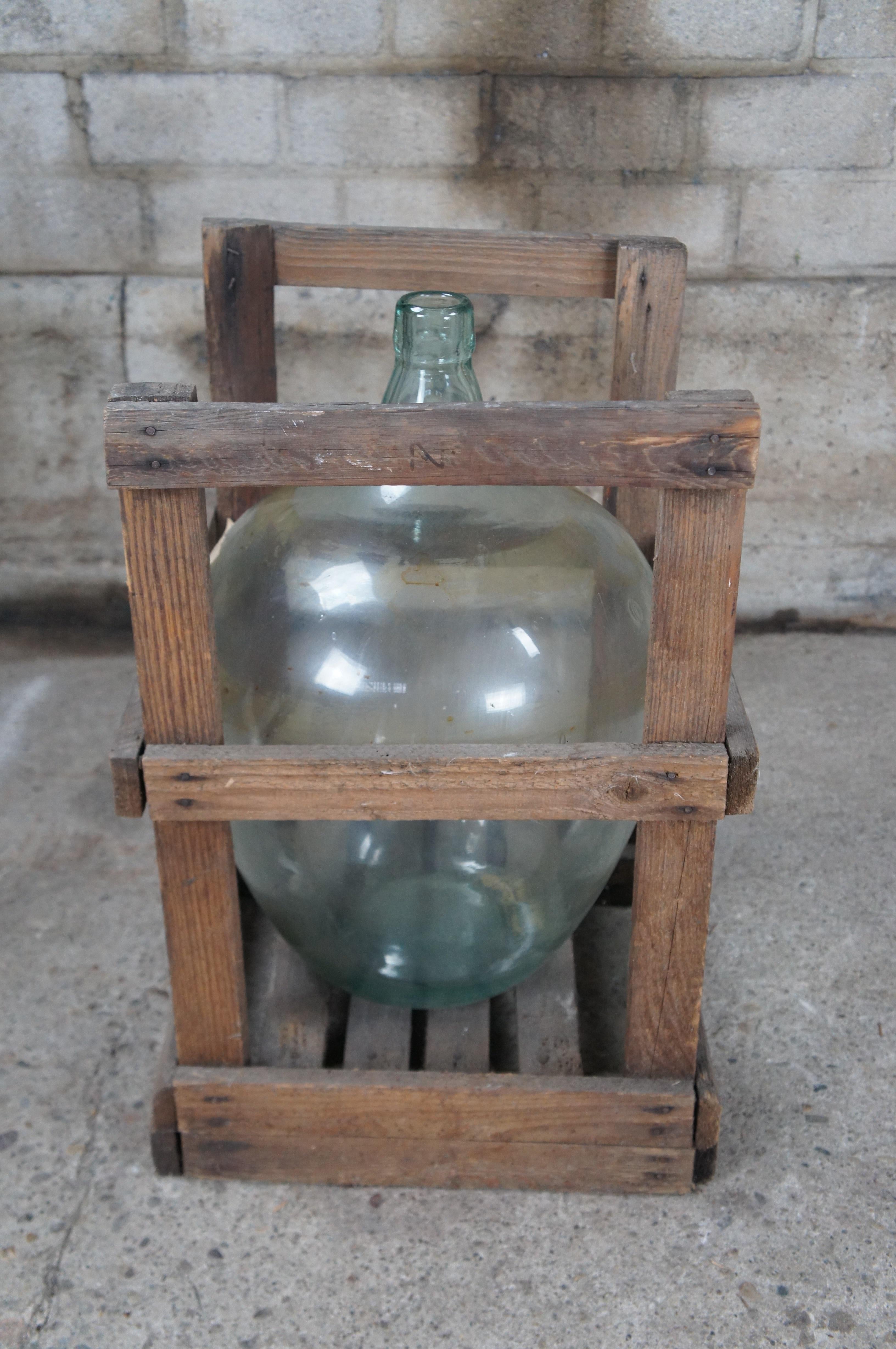 Antique French Hand Blown Glass Demijohn Bordeaux Wine Bottle Jug & Wood Crate For Sale 2