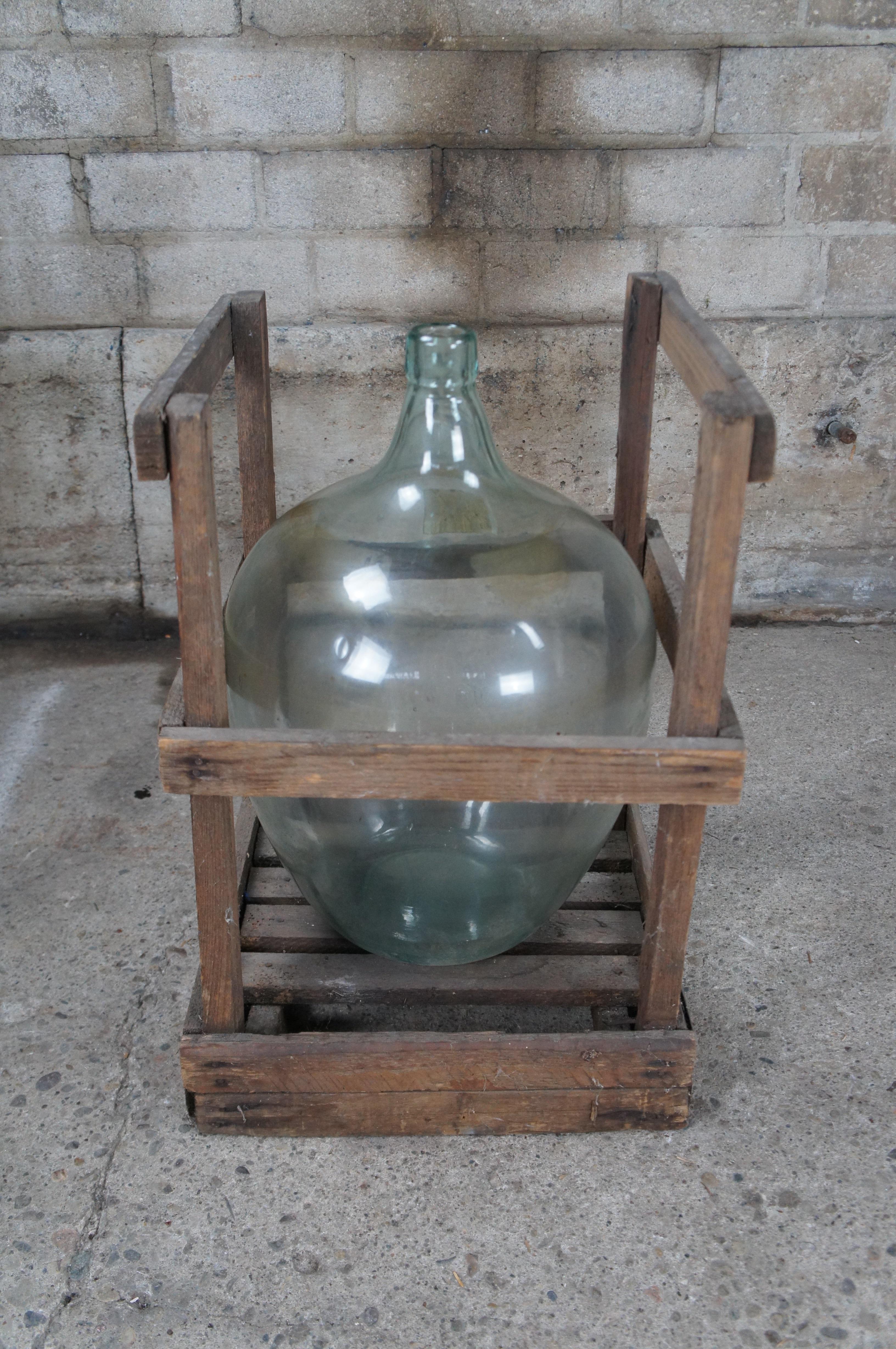Antique French Hand Blown Glass Demijohn Bordeaux Wine Bottle Jug & Wood Crate For Sale 3