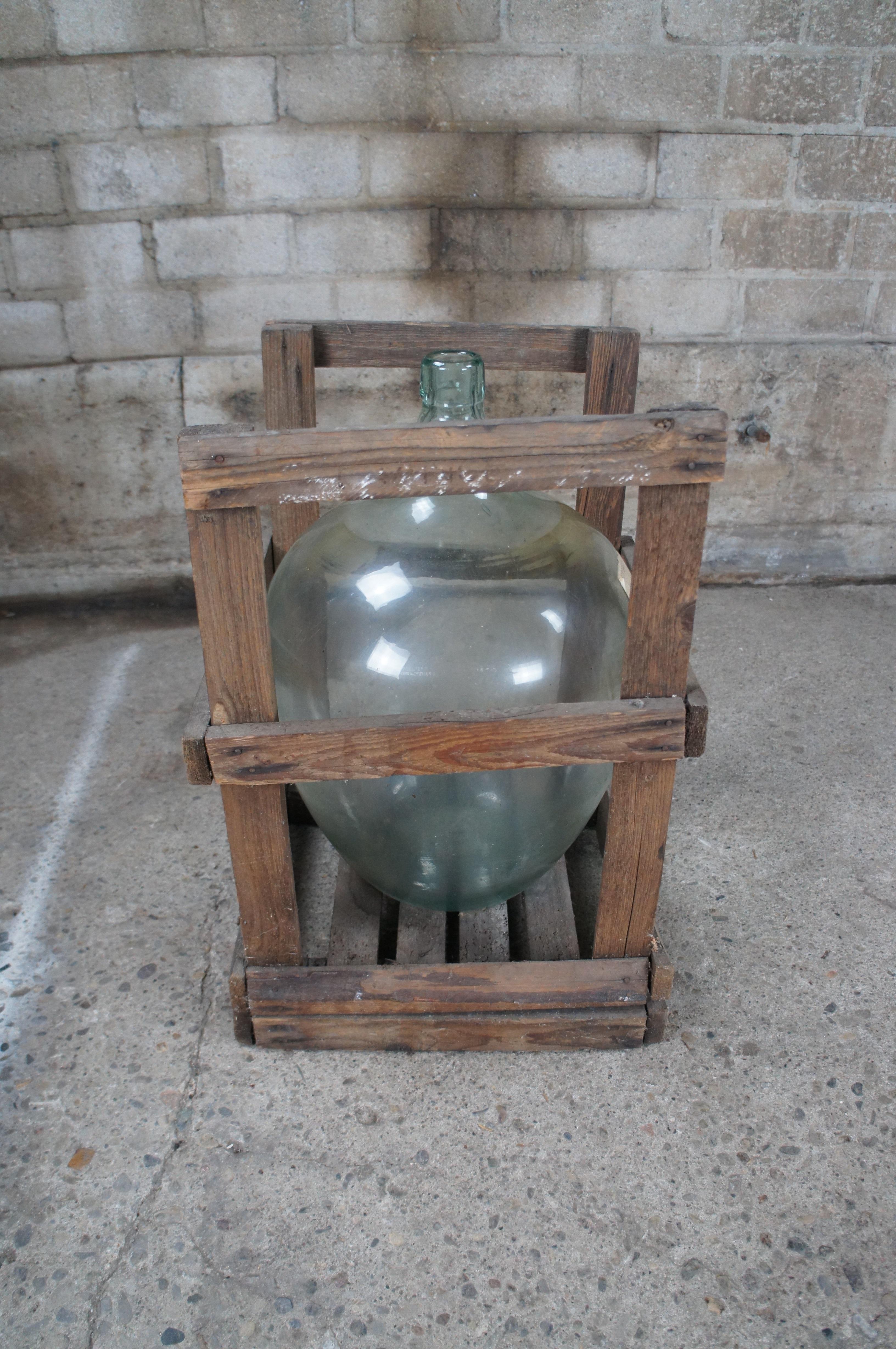 Antique French Hand Blown Glass Demijohn Bordeaux Wine Bottle Jug & Wood Crate For Sale 4