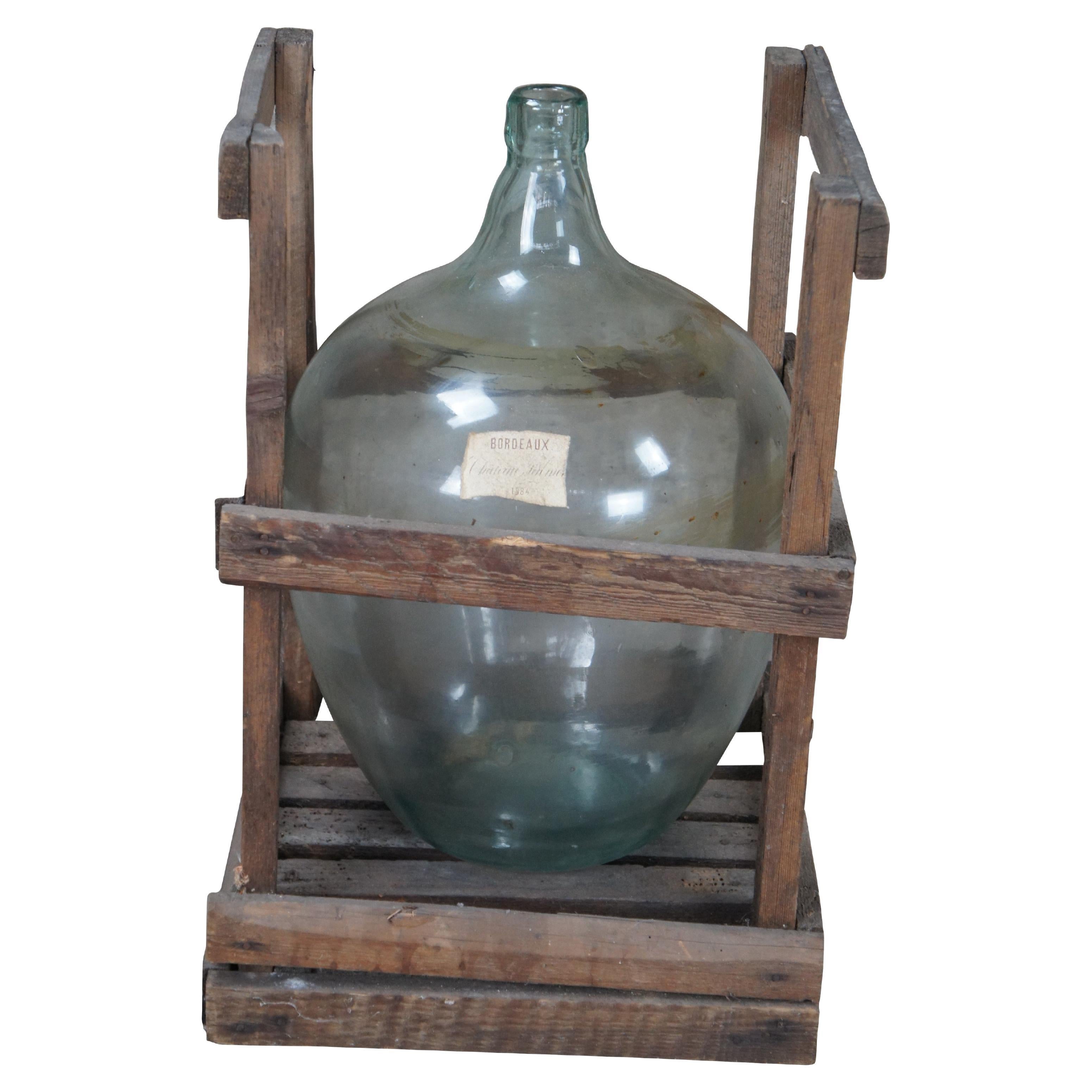 Antique French Hand Blown Glass Demijohn Bordeaux Wine Bottle Jug & Wood Crate For Sale