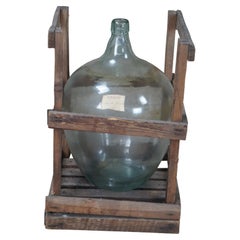 Antique French Hand Blown Glass Demijohn Bordeaux Wine Bottle Jug & Wood Crate