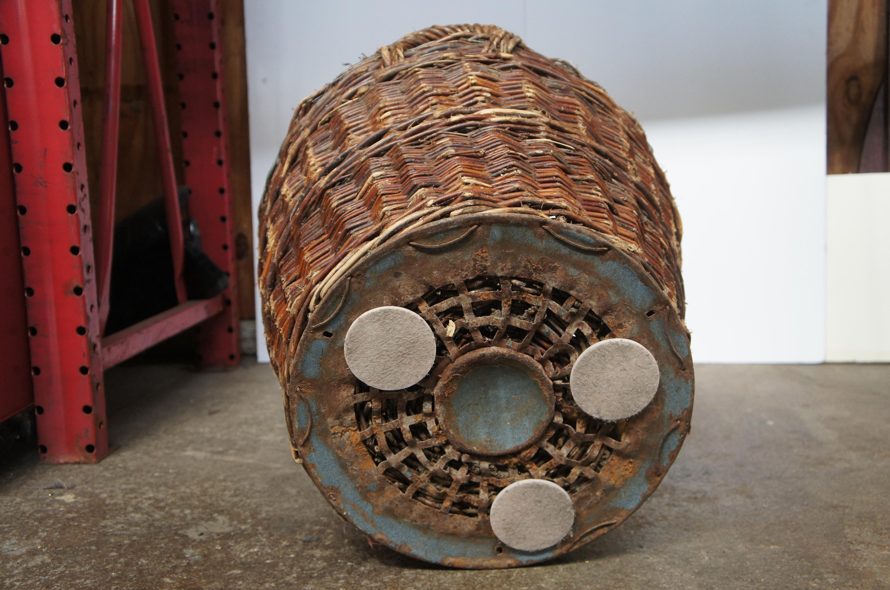 Antique French Hand Blown Glass Demijohn Wine Bottle Jug in Woven Wicker Basket 3