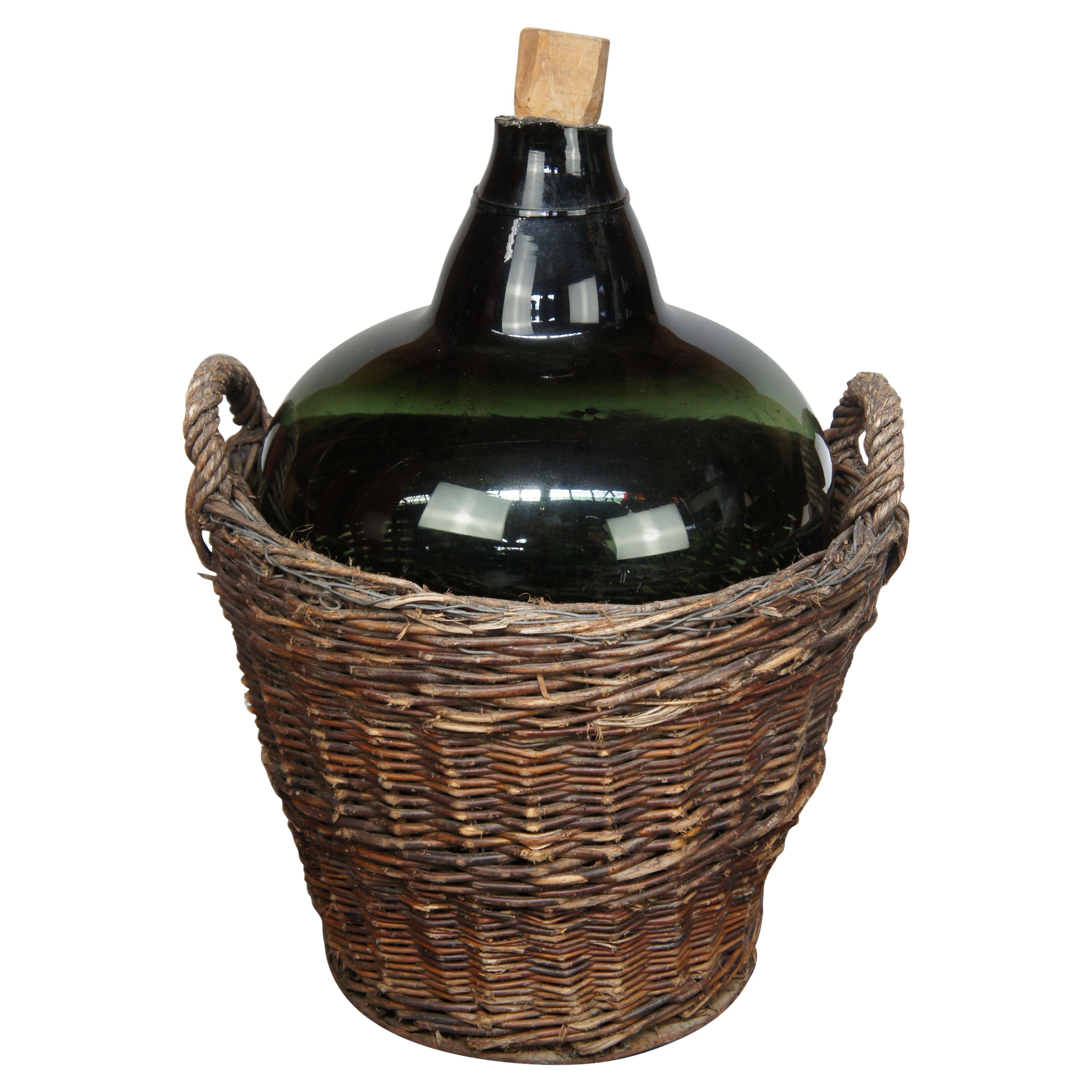 Antique French Hand Blown Glass Demijohn Wine Bottle Jug in Woven Wicker Basket