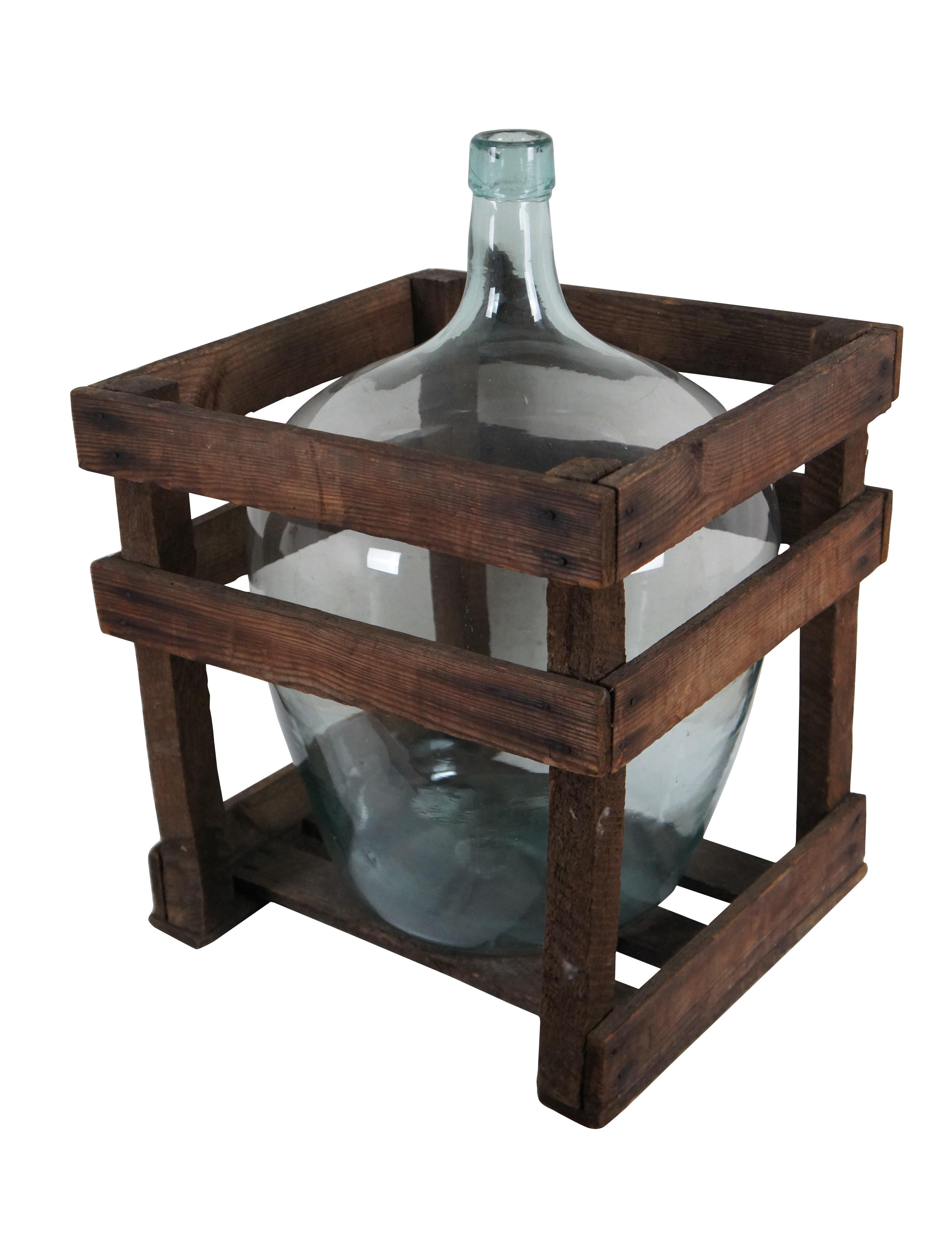 French Provincial Antique French Hand Blown Glass Demijohn Wine Bottle Jug & Wood Crate 22