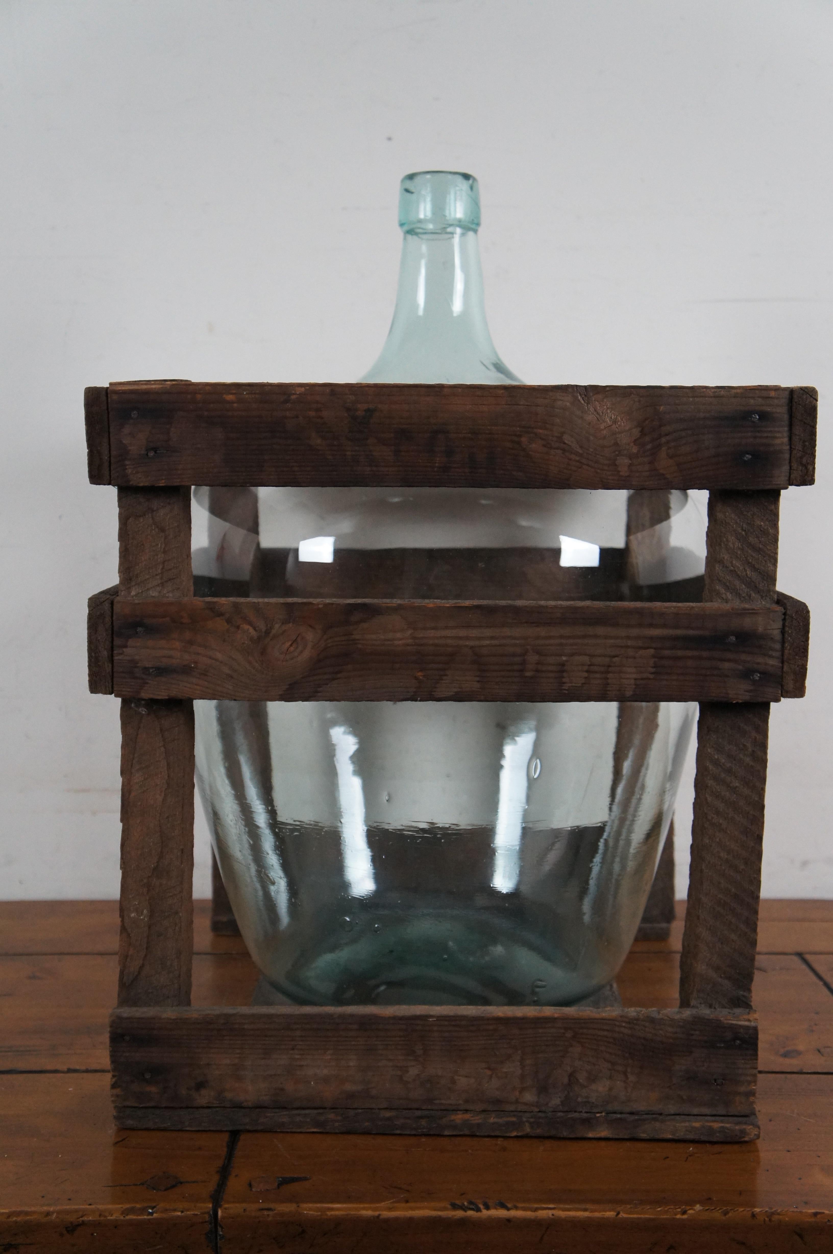 Antique French Hand Blown Glass Demijohn Wine Bottle Jug & Wood Crate 22
