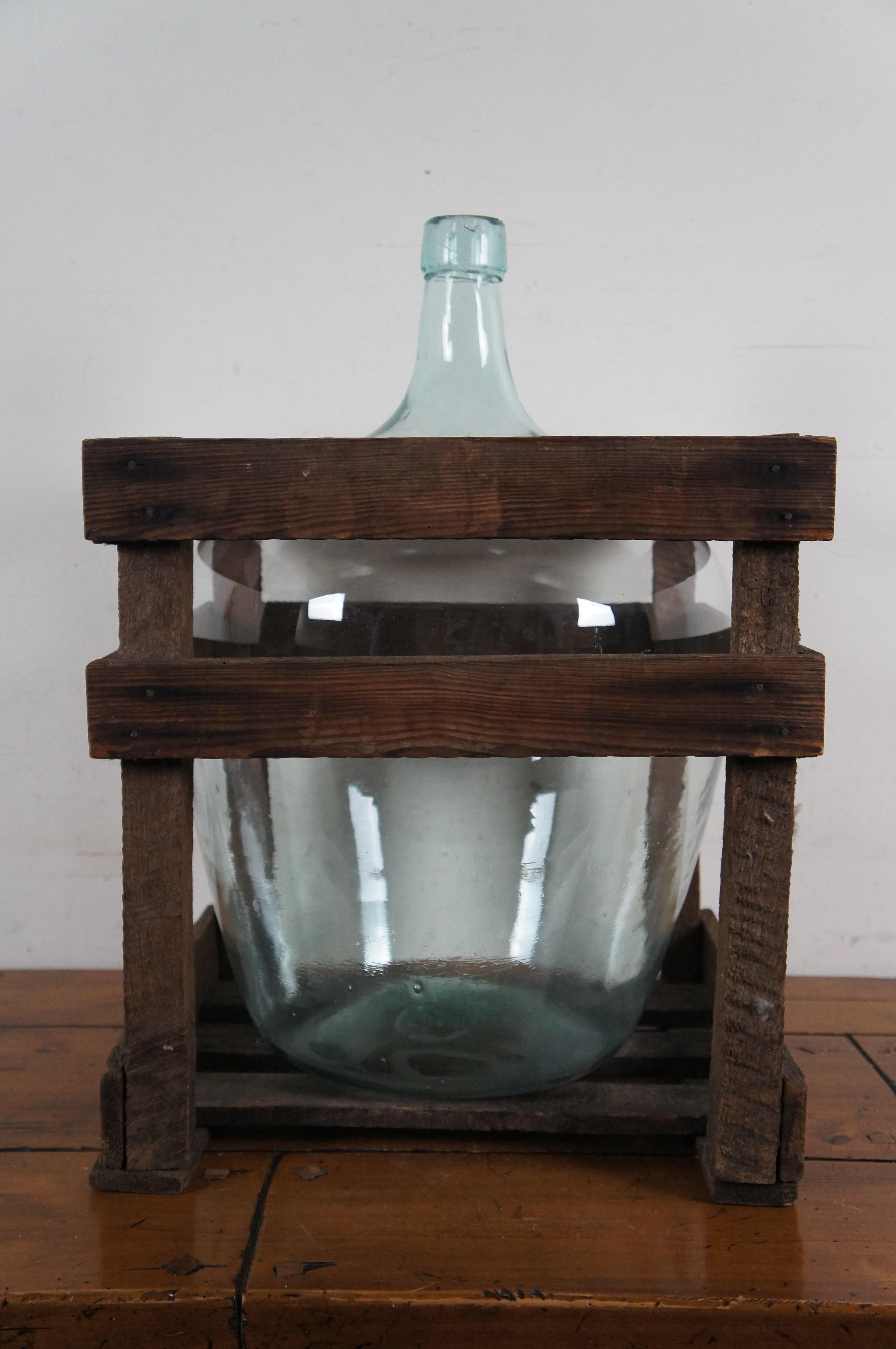 Antique French Hand Blown Glass Demijohn Wine Bottle Jug & Wood Crate 22