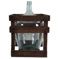 Used French Hand Blown Glass Demijohn Wine Bottle Jug & Wood Crate 22"